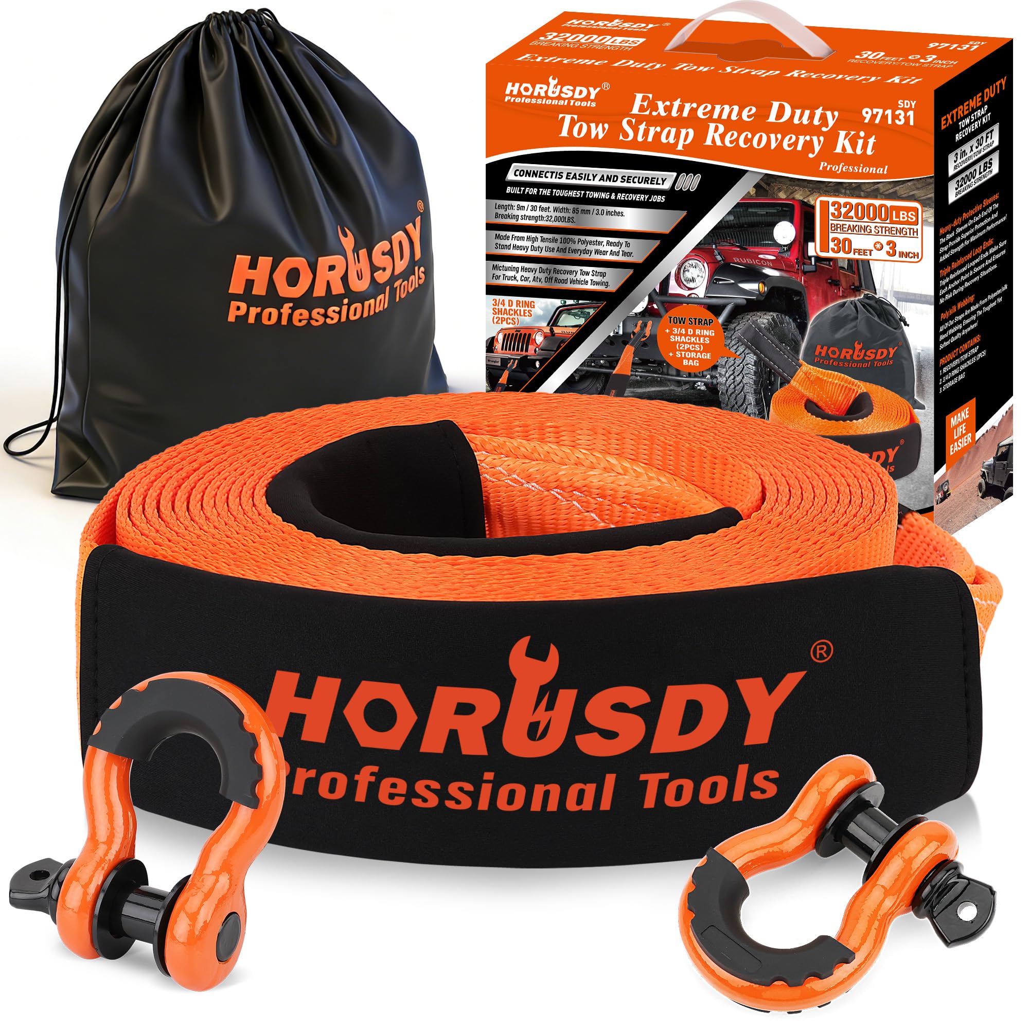 HORUSDY Nylon Heavy Duty Tow Strap Recovery Strap with Hooks 3" x 30Ft - 32,000 LBS Break Strength, 3/4 D Ring Shackles (2pcs), Recover Your Vehicle Stuck in Mud/Snow