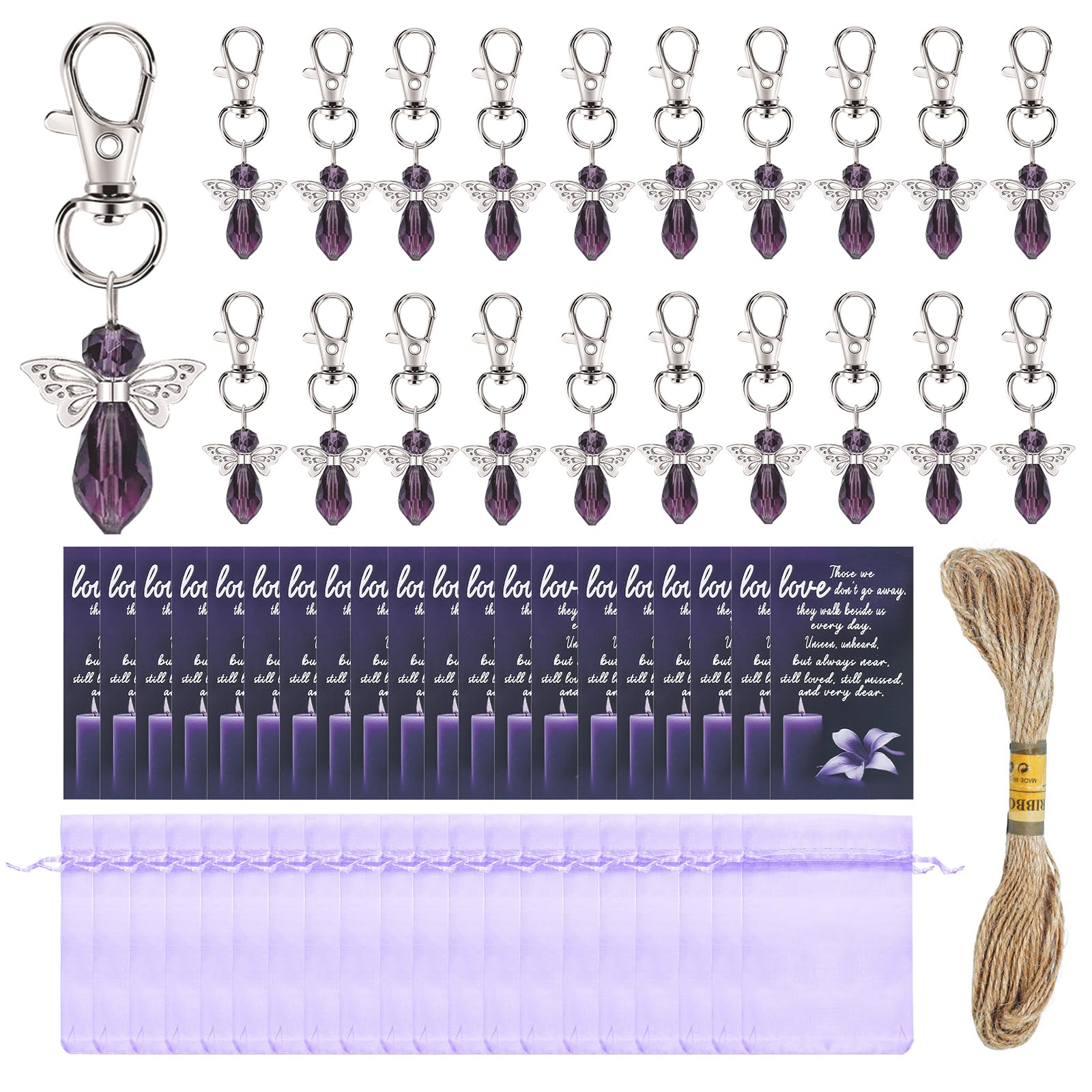 EQLEF 20 Sets Memorial Keyring Funeral Favors, Bulk Angel Key Rings Remembrance Cards Organza Bags Funeral Gifts for Loss of Loved One Memorial Service Guests Keepsakes