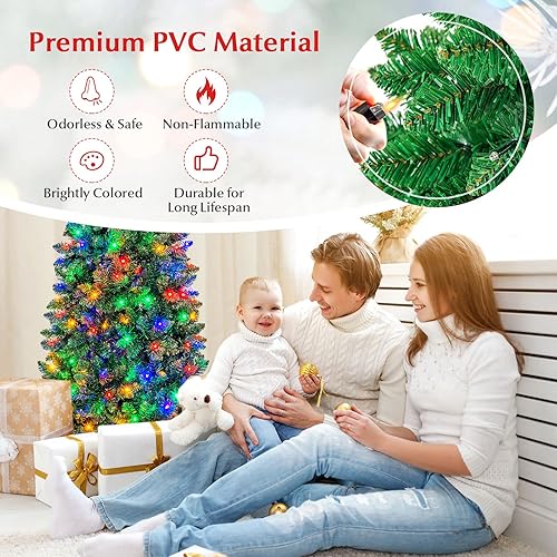 Miniatura 3 de DORTALA Árbol de Navidad preiluminado, árbol de Navidad artificial de 6.5 pies con 708 puntas de ramas de PVC, 250 luces LED multicolor, 8 modos,