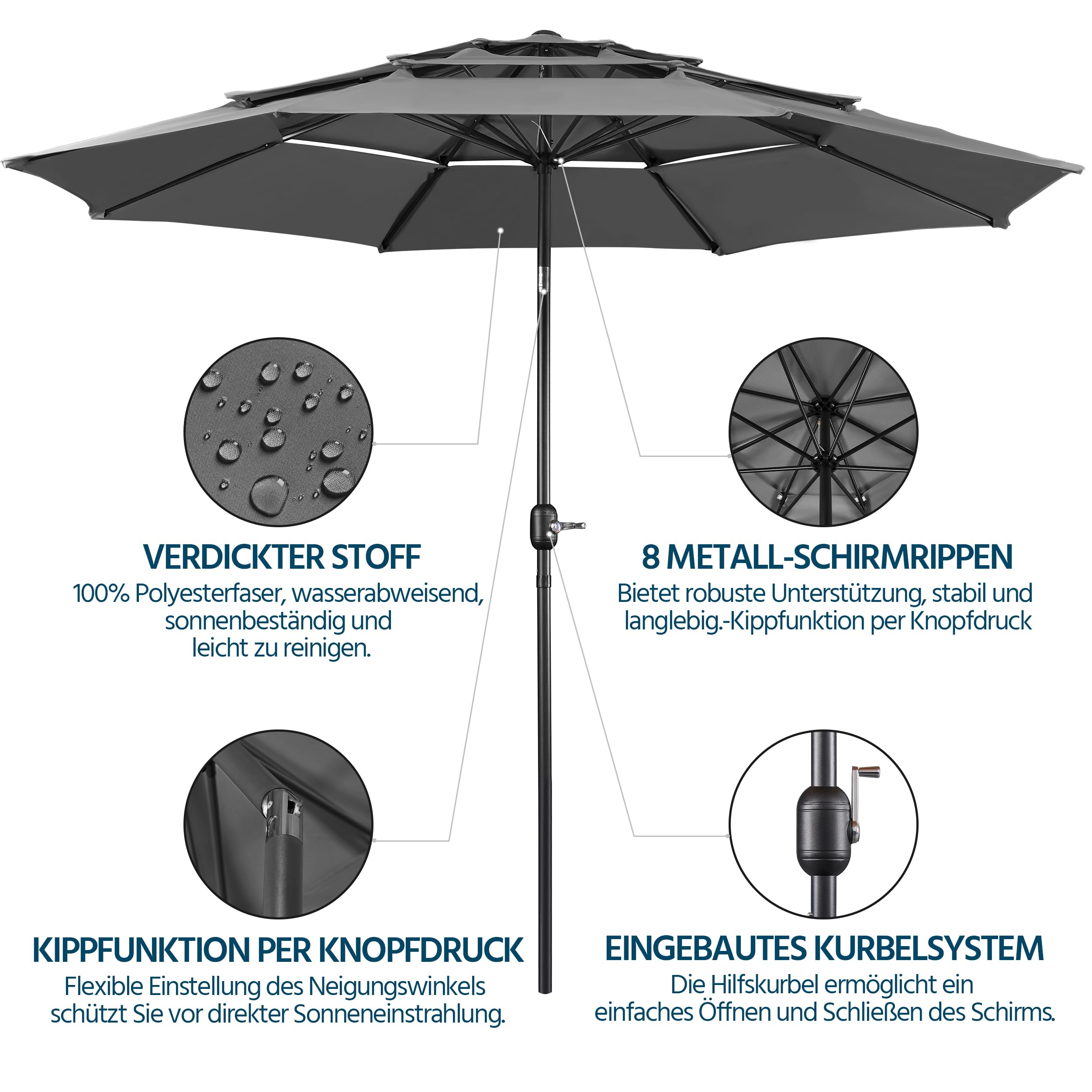 Yaheetech Parasol przeciwsłoneczny z 3-warstwowym dachem Φ 324 cm, odchylany parasol ogrodowy, ochrona przed promieniowaniem UV, wentylowany, okrągły parasol do ogrodu/balkonu/tarasu/plaży, szary