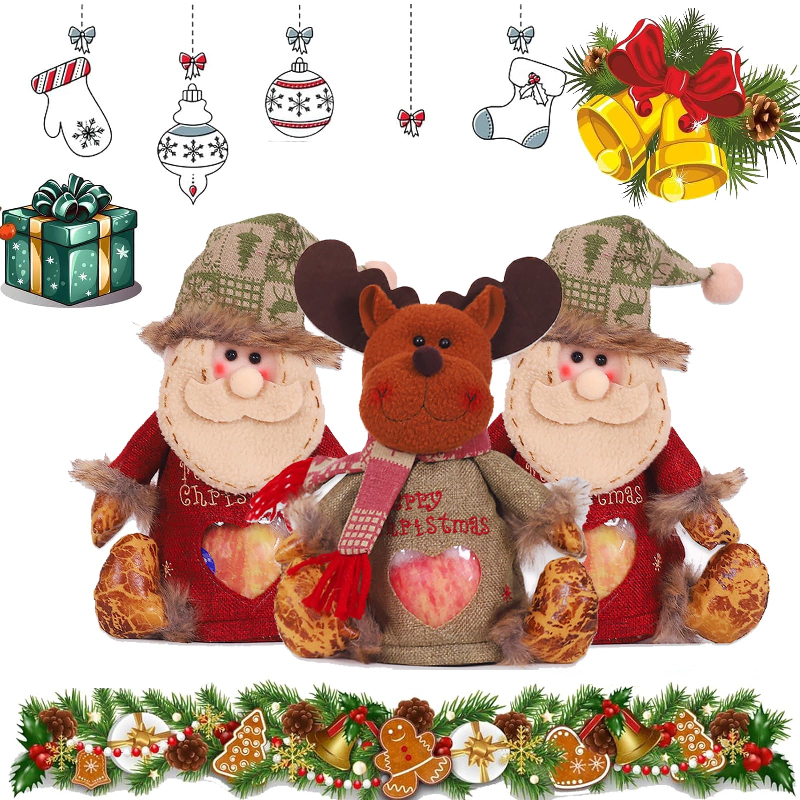 GLSAYZU Christmas Gift Bags Zipper Design, Christmas Gift Doll Bags, 3D Doll Decoration Gift Bag, Christmas Drawstring Gift bags, Christmas Candy Bags for Party and Festival (3PC-D)