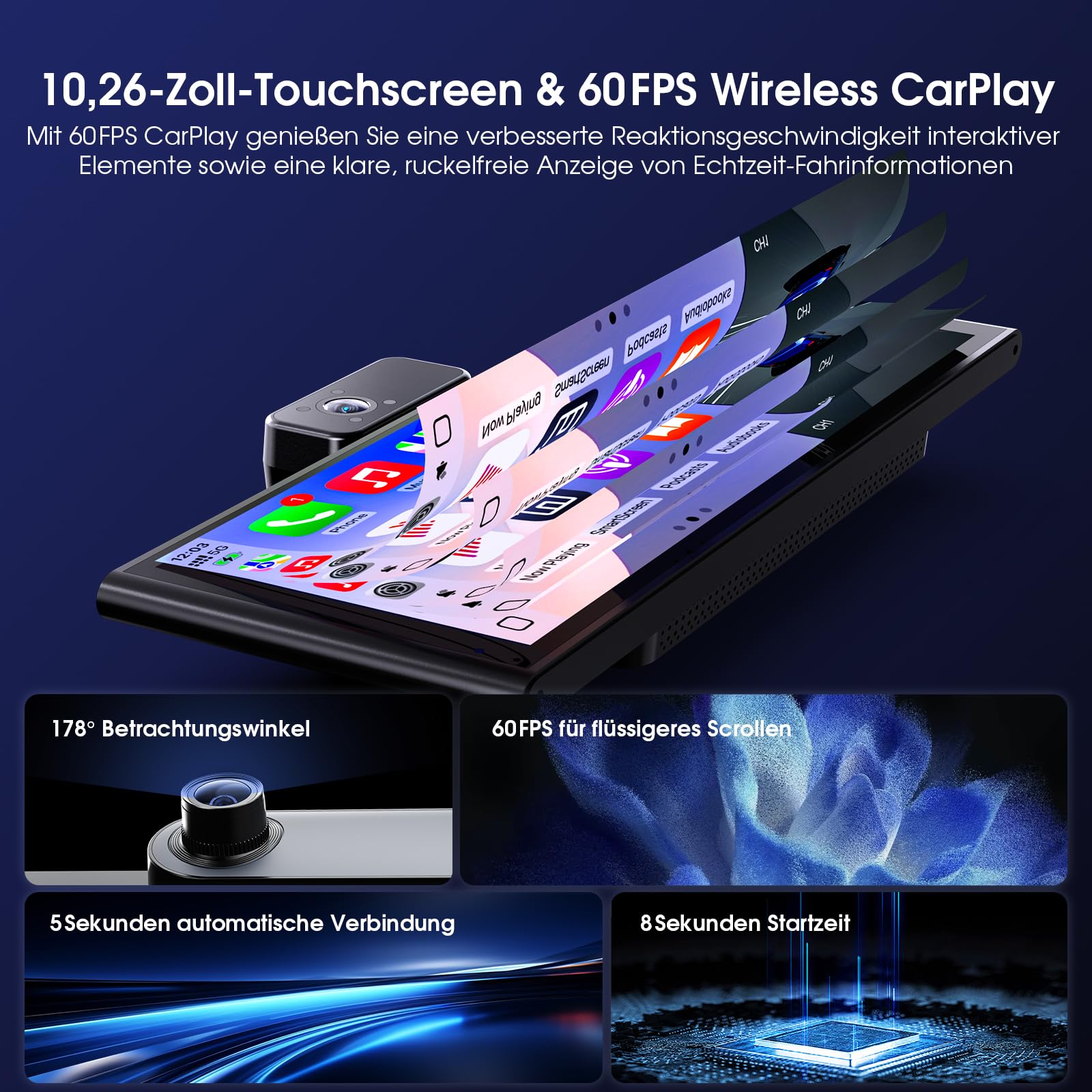 Avylet 10,26" 60FPS CarPlay Display mit 4K/1080P 3-Kanal-Videoaufnahme, kompatibel mit Apple CarPlay/Android Auto, 64GB Karte, OTA-Updates, GPS, Mirror Link, Sprachsteuerung, Bluetooth/AUX/FM