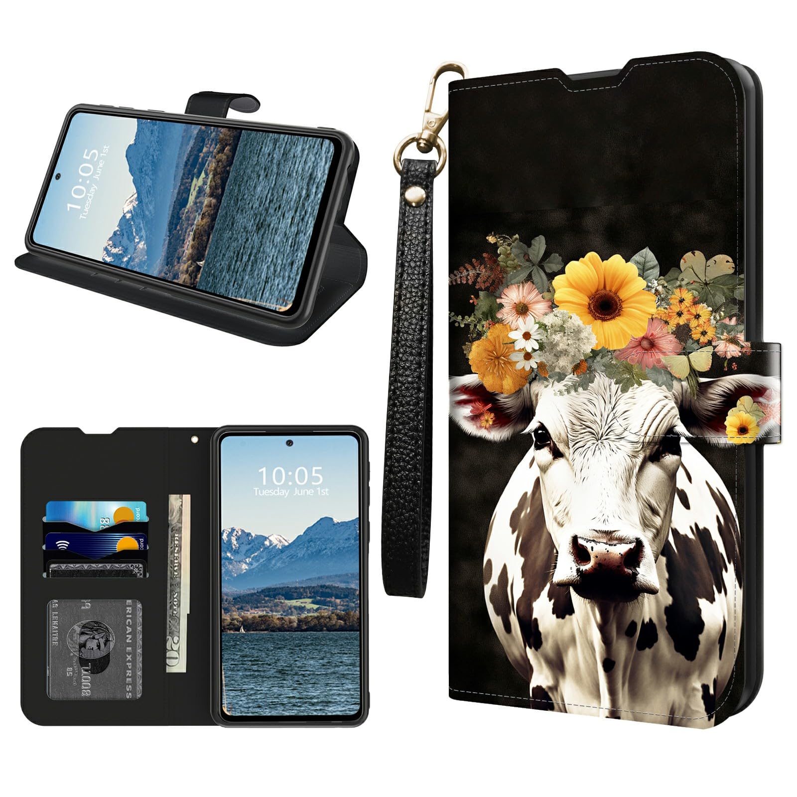 BFDHGQZC Cow Flower Wallet Case for BLU View 4 B135DL(BLU View 2 2023) with Card Holder Slots&Wrist Strap,PU Leather Flip Kickstand Shockproof Protective