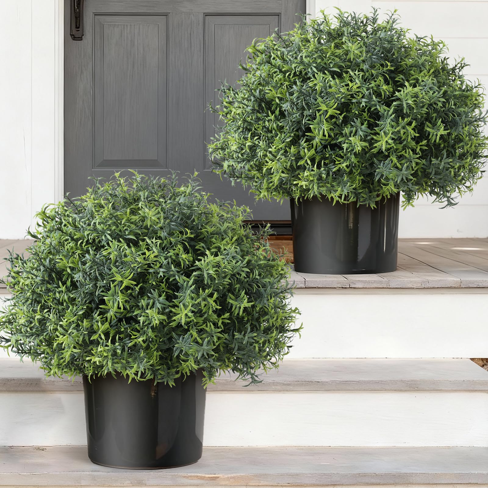 Photo 1 of 2 Sets Artificial Rosemary Topiary Ball Trees for Front Door - UV Resistant Faux Outdoor Rosemary Bushes, Fake Spring/Summer Greenery Potted Plants for Farmhouse Garden Porch Outside Decor