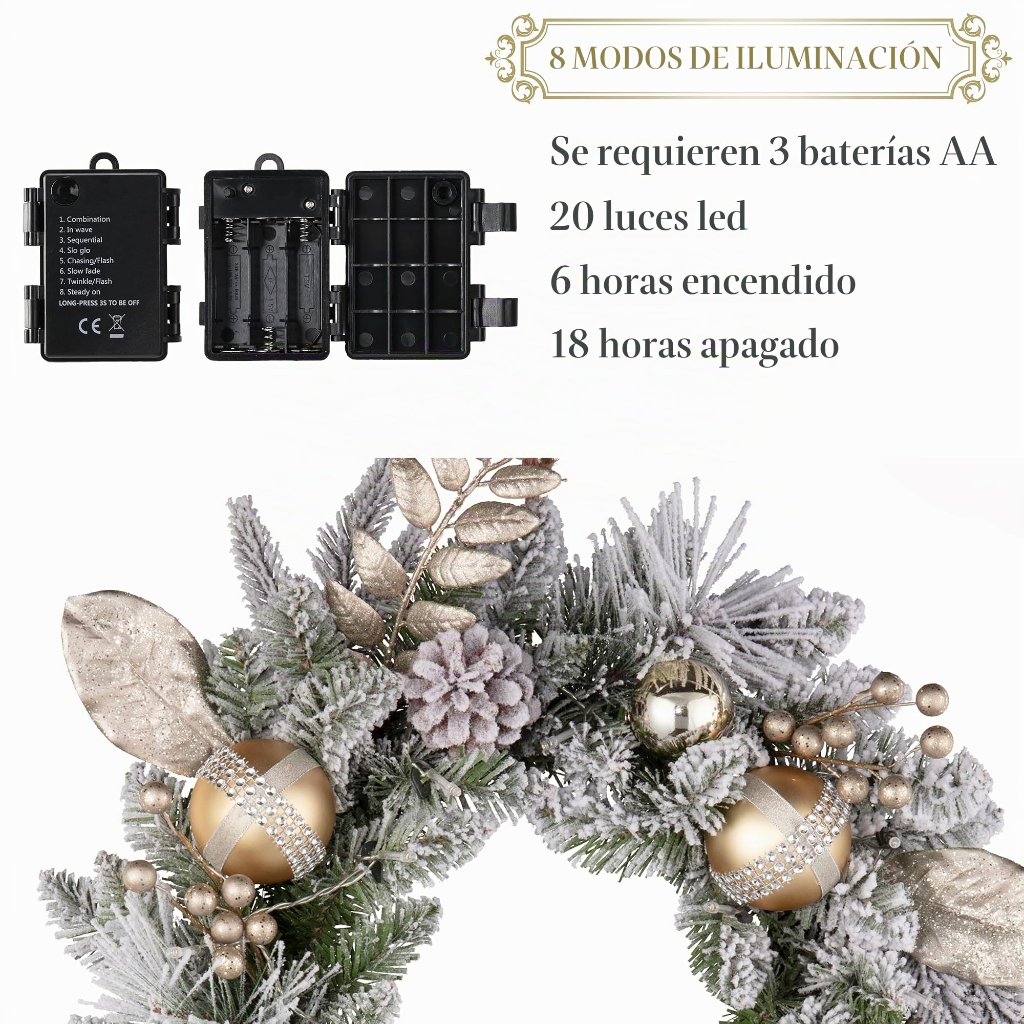 Valery Madelyn Corona de Navidad iluminada de 45 cm para puerta delantera, corona de Navidad preiluminada blanca y dorada, arrecife de Navidad con luces y función de temporizador para decoración de