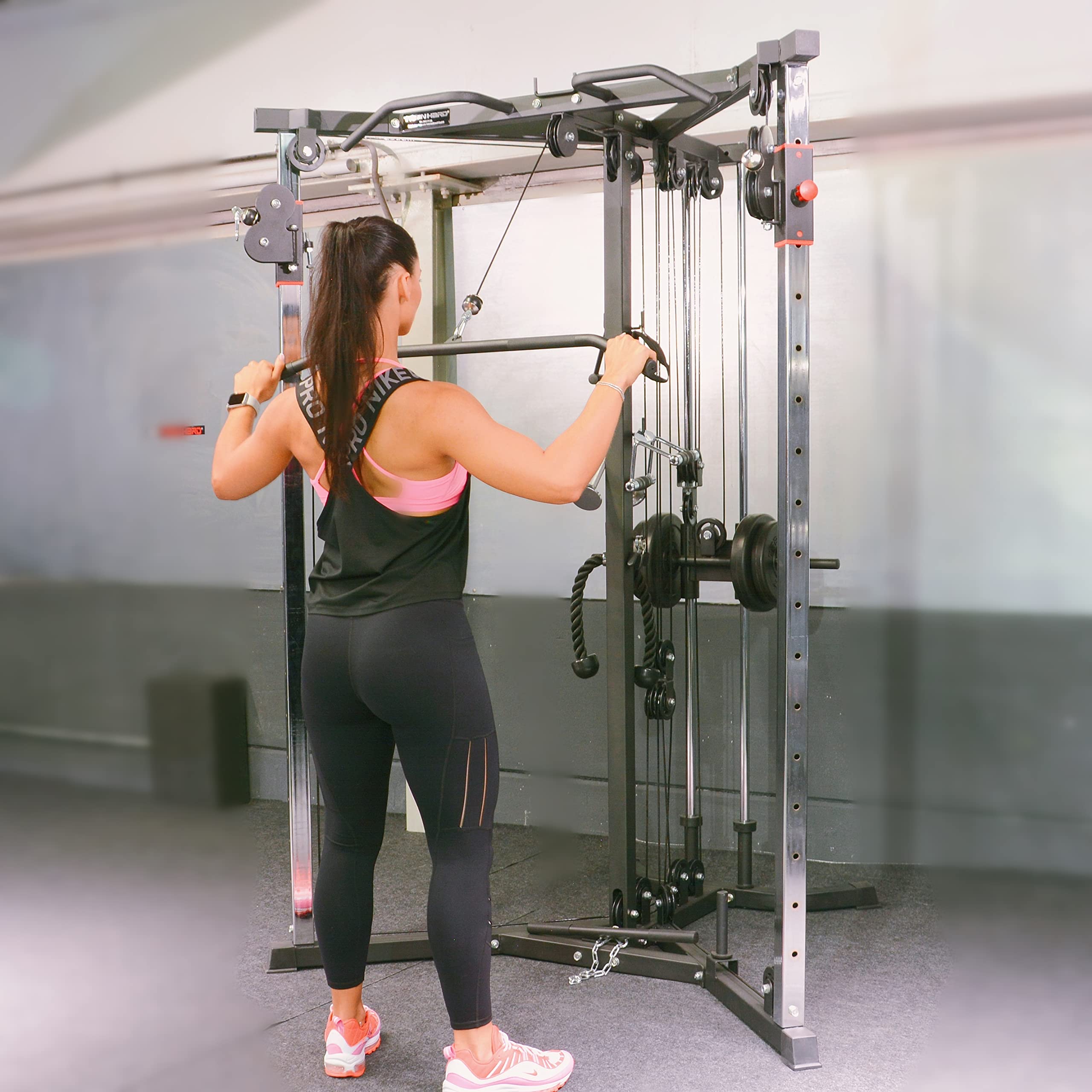 Train Hard® Kabelzug Trainer Latzugstation Kraftstation Cross Over mit Klimmzugstange, Bizeps- / Trizeps-Stange, geprüfte und zertifizierte Profi Qualität