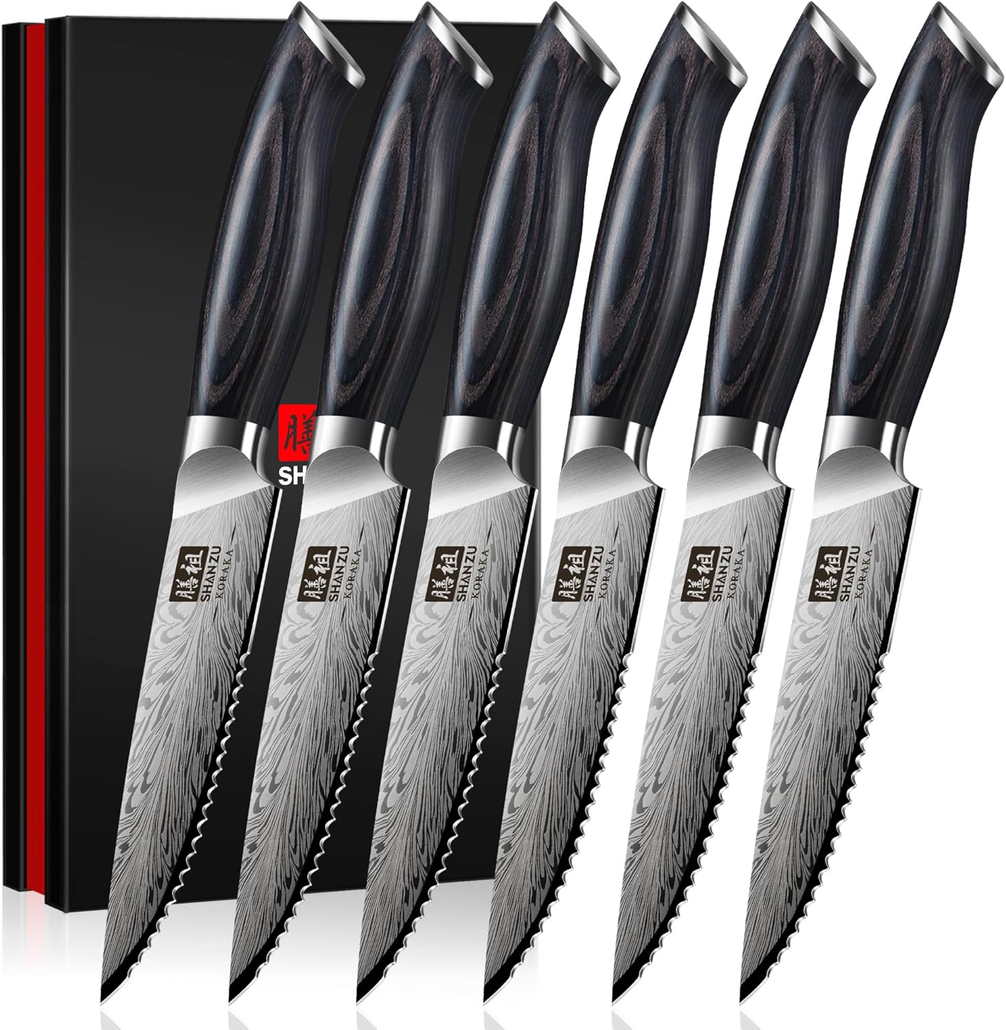 SHAN ZU Steak Knives Set of 6, Ultra Sharp 4.5 Inch High Hardness Powder Steel Steak Knife Set, Serrated Steak Knives with Ergonomic Pakkawood Handle Japanese Knives for Steak, Bread and Butter