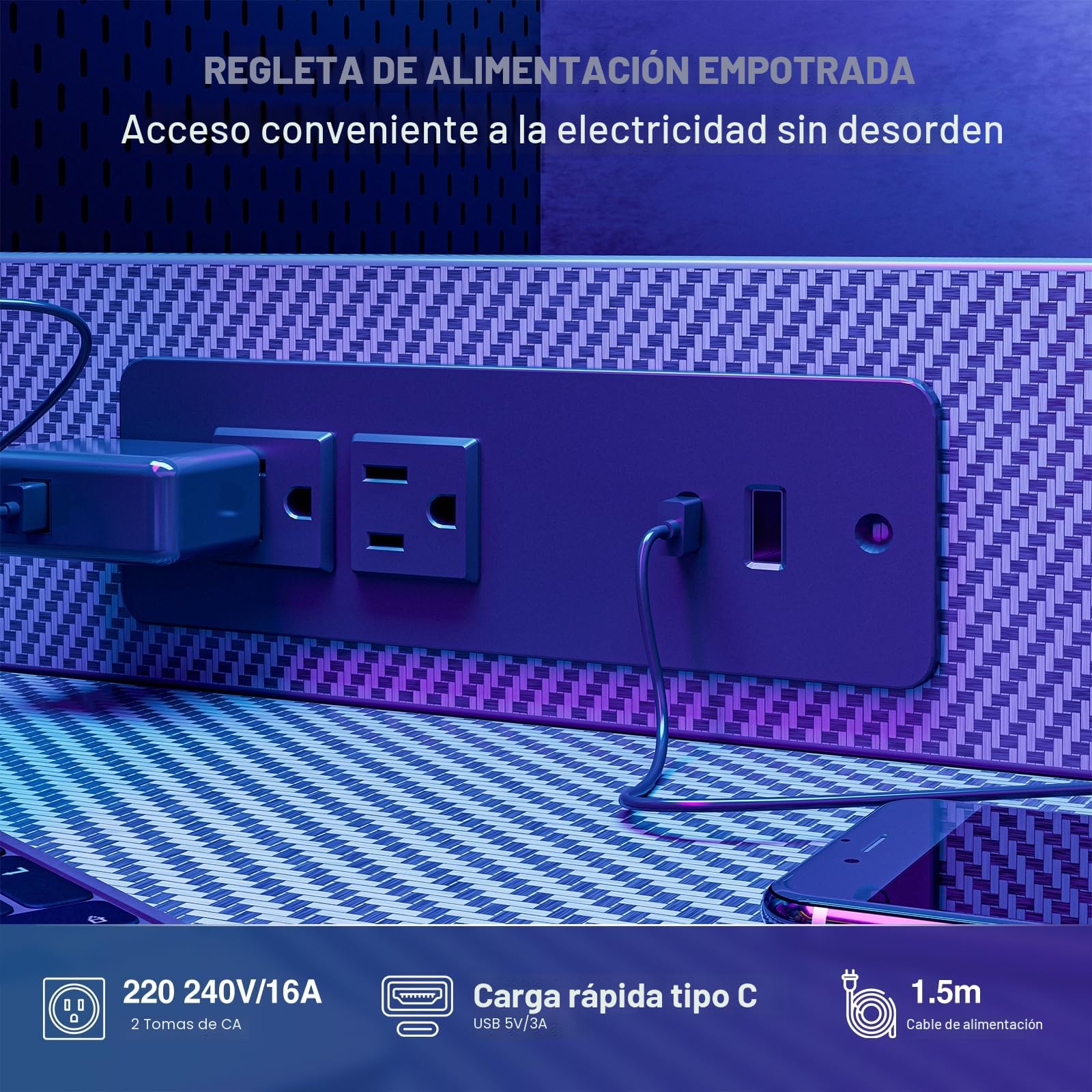 Grandder Escritorio para juegos de 55 pulgadas con toma de corriente y luz LED, escritorio para computadora con estantes reversibles y cajón de almacenamiento, escritorio pequeño para mesa de oficina