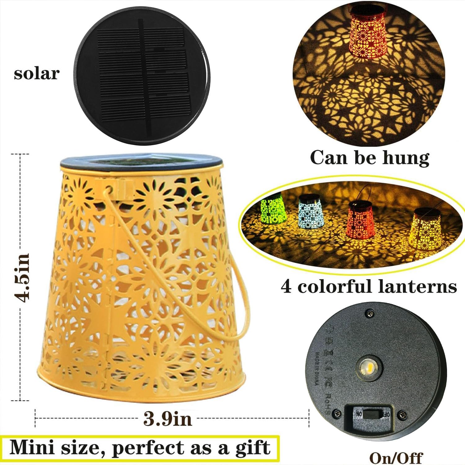 Lot de 4 lanternes solaires d'extérieur étanches à suspendre - Cadeau pour femme - Petites lanternes LED décoratives en métal pour cour, terrasse, pelouse, table, allée, paysage, décoration de jardin