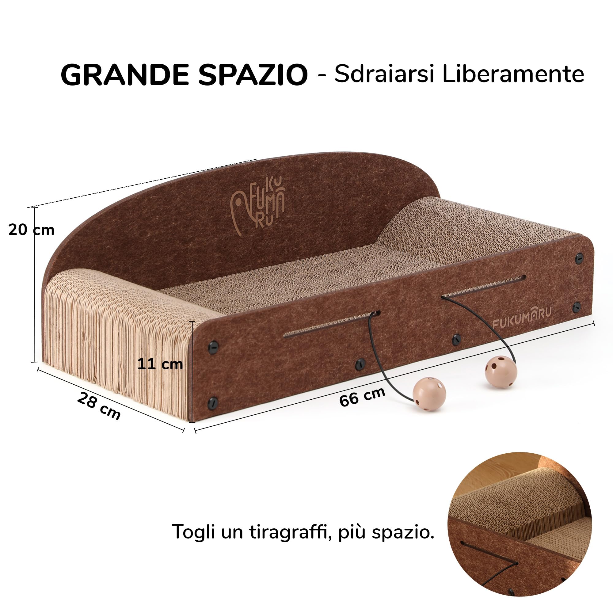 FUKUMARU Tiragraffi per Gatti in Feltro e Cartone Resistente 66cm, Tiragraffi con 2 Cartoni Sostitutivi,Cuscini Laterali Arrotondati e Funzione Lettino Integrato per Graffi e Riposo (Sicuro e Morbido)
