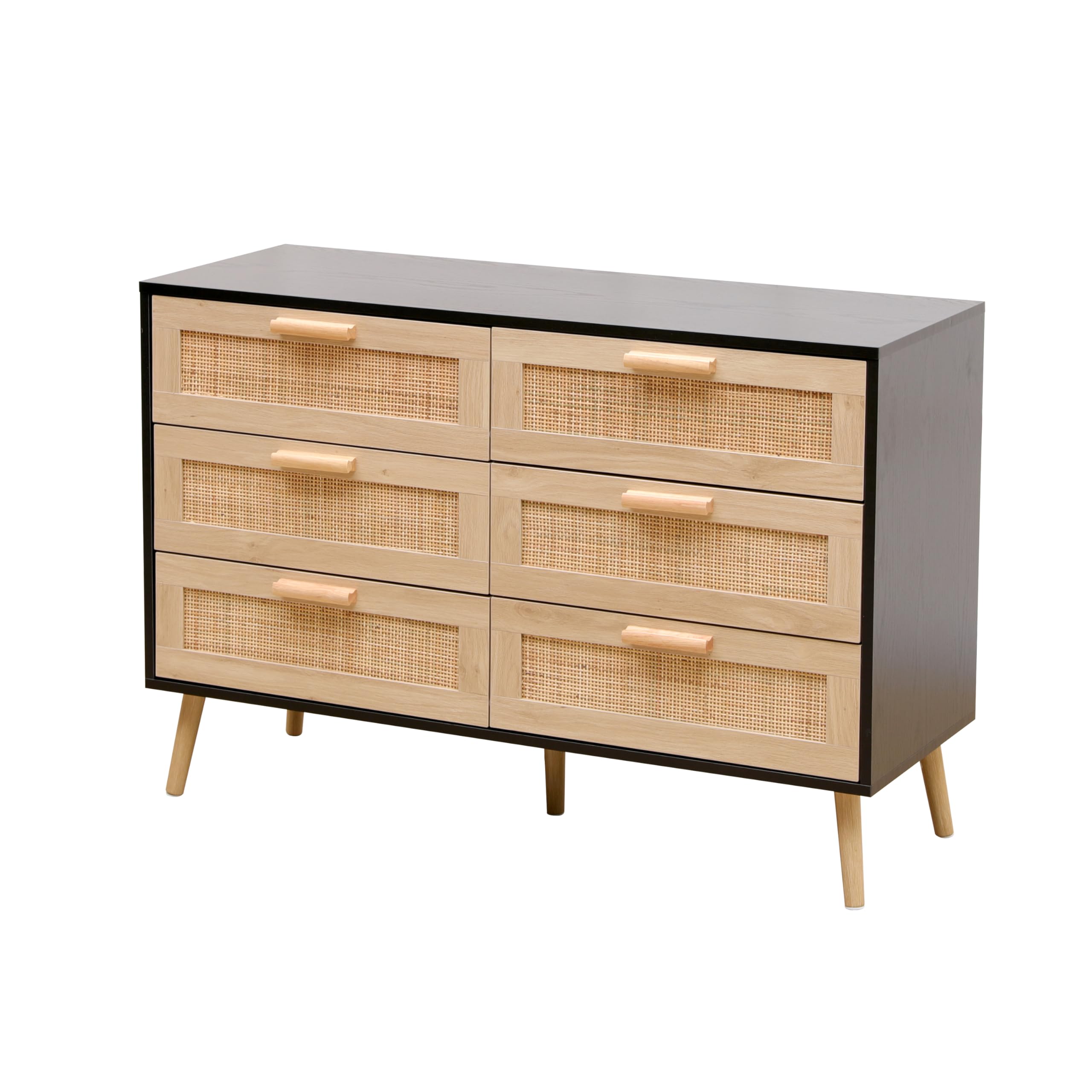 Kingwudo® Wooden and Weave Chest of Drawers with 6 Drawers Dresser Cabinet Tables Storage Cabinet Organizer Unit Cupboard 6 Drawers Chest for Bedroom Furniture,Living Room,Kitchen