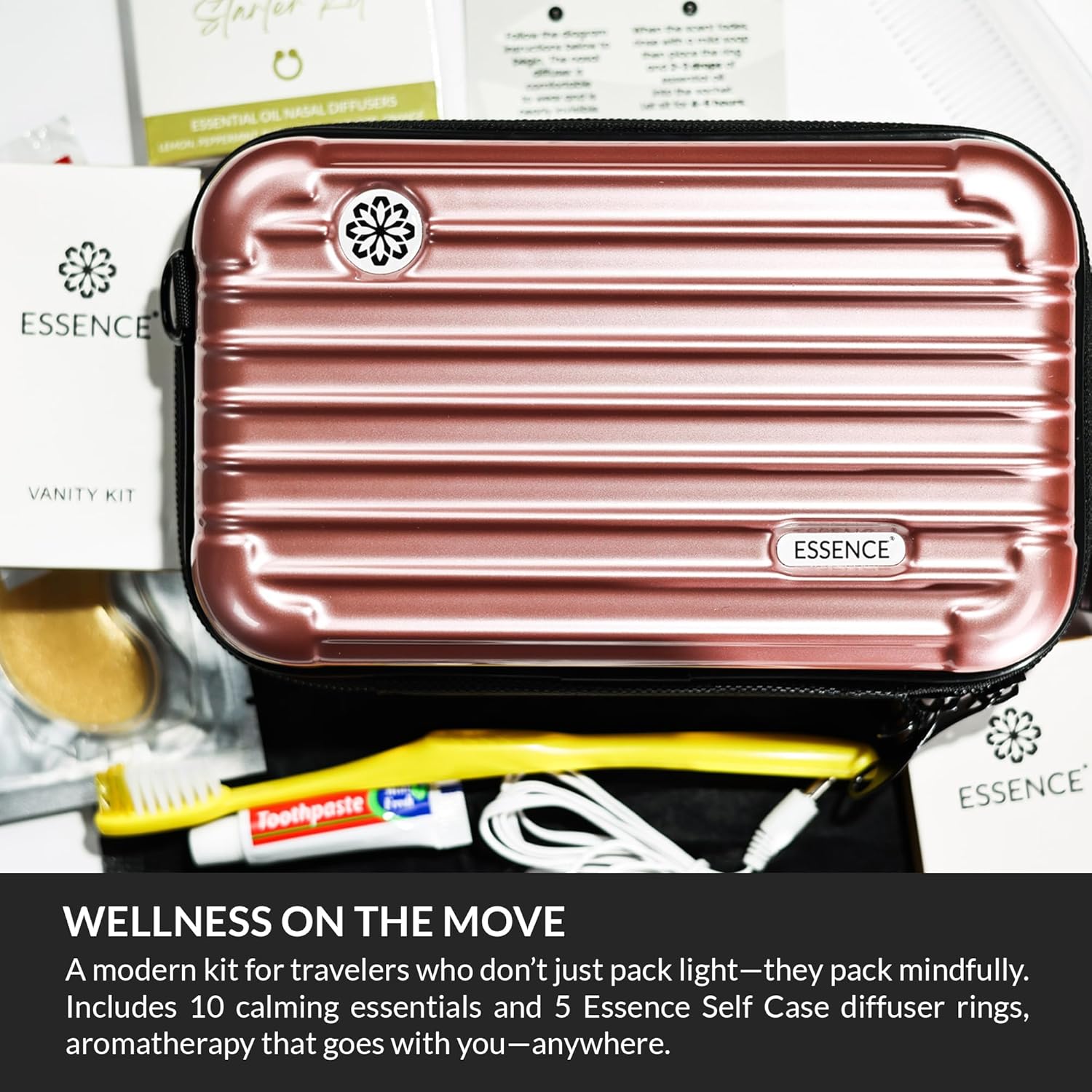 Essence Travel Amenity Kit - Compact Wellness Organizer with 5 Nasal Diffusers + 9 Traveler Comfort Essentials for Flights, Hotels & Adventures - Wearable Aromatherapy Self-Care On the Go
