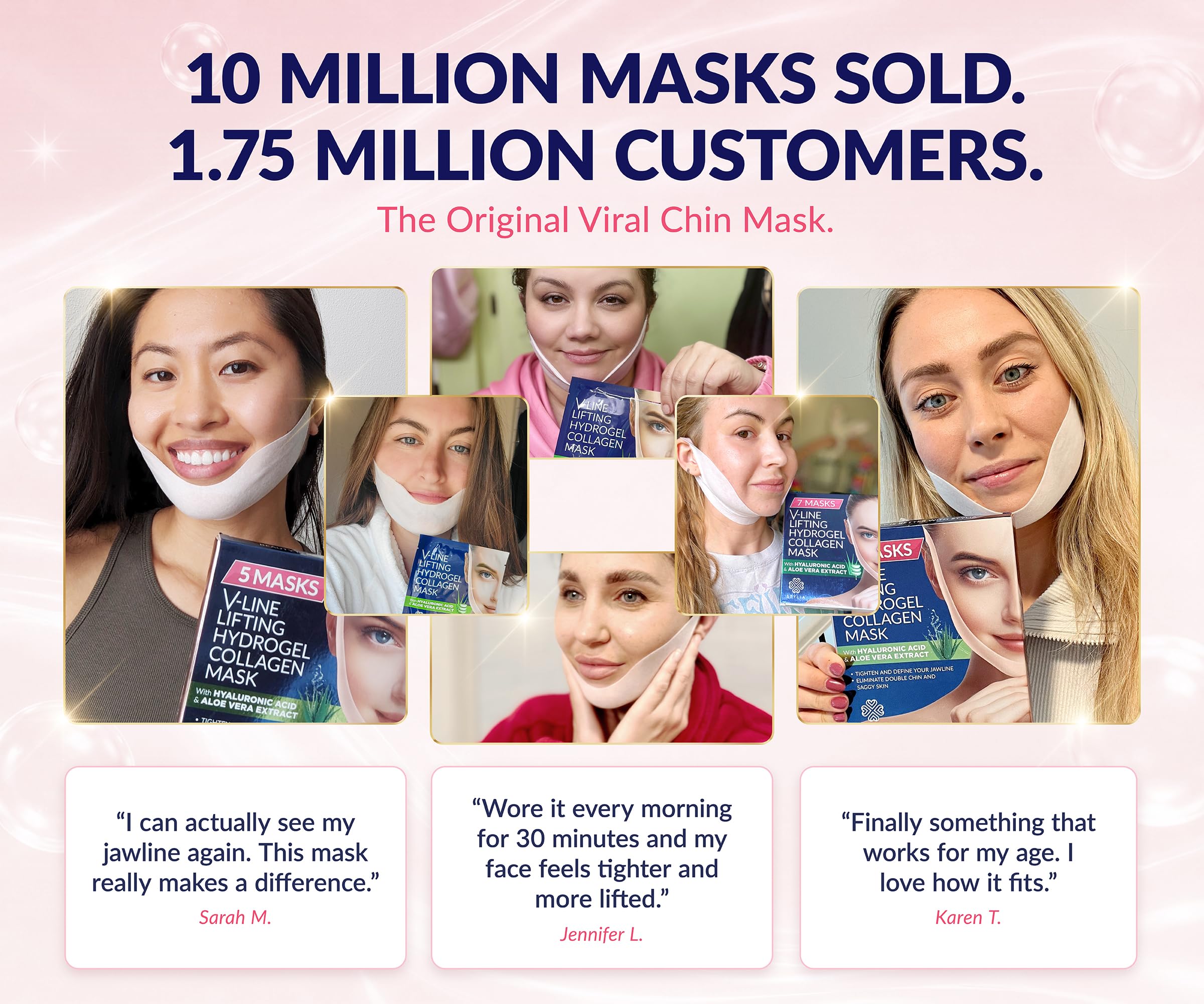 STYLIA V Line Lot de 10 masques de levage au collagène – Double mentonnière pour femme – Bande de levage du visage – Masque au collagène pour le cou – Sangle de menton pour dormir – Acide hyaluronique