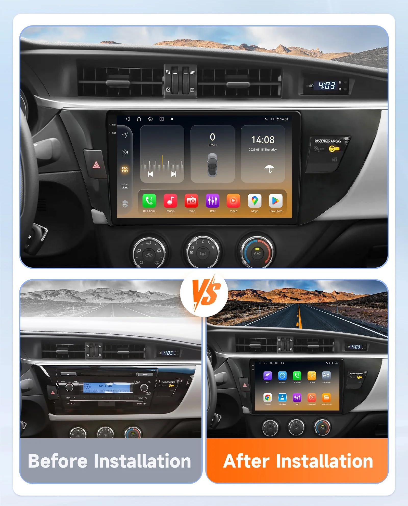 Radio samochodowe Android 15 2 DIN z 10-calowym ekranem dotykowym do Toyoty Corolla Ralink 2014-2016 z kamerą cofania/Carplay/BT/FM/GPS/USB/WIFI/sterowaniem z kierownicy/audio samochodowe (E