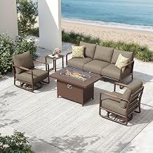 5-Seat Aluminum Patio Conversation Sofa Set with 2 Swivel Rocking Chairs & Oversized Fire Pit Table Glass Wind Guard, All-Weather for Balcony, Garden, Brown