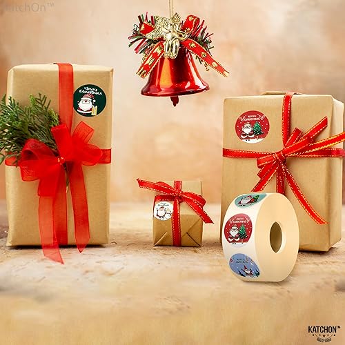 Miniatura 7 de KatchOn, Rollo de calcomanías navideñas festivas – 8 diseños, 500 unidades | Calcomanías redondas de Navidad para sobres, calcomanías navideñas