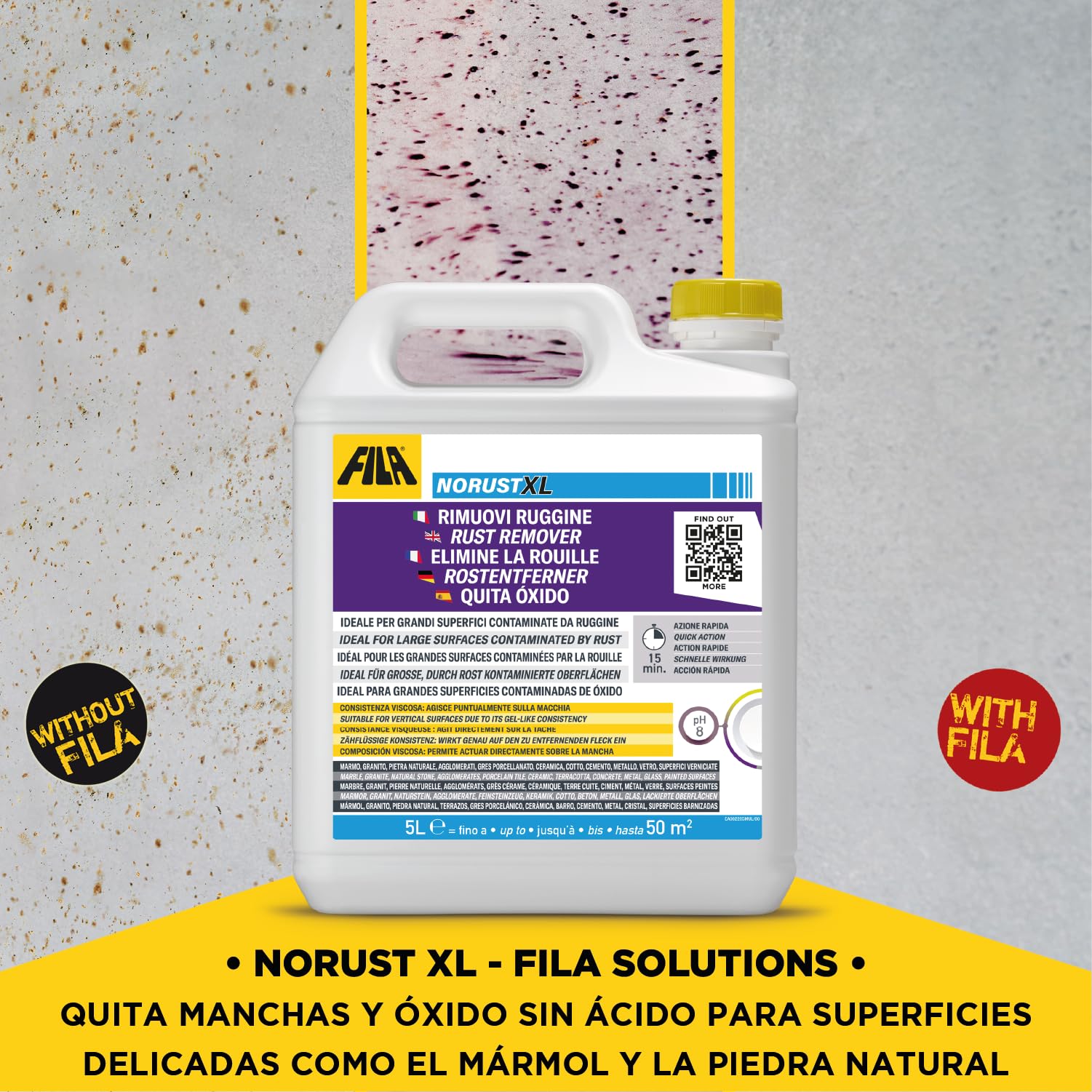 FILA NORUST XL Quitamanchas Antióxido sin Ácido para Mármol y Suelos 5L | Eliminador de óxido listo para usar en granito, piedra natural, gres porcelánico, cerámica y metal, para suelos y paredes