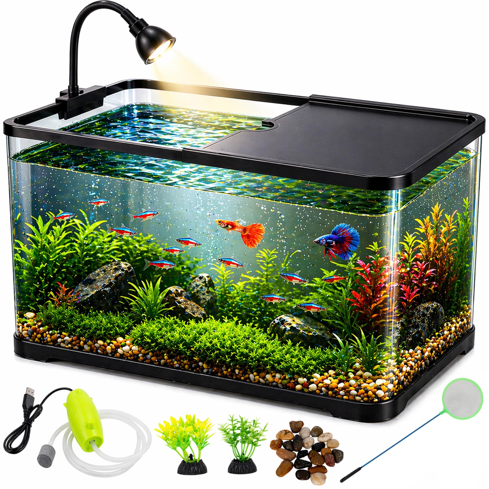 Kit de iniciación de pecera de 5 galones con bomba de aire de red ligera para plantas acuáticas y guijarros, pecera pequeña Betta para camarones, Guppy y Tetra de neón, acuario de escritorio