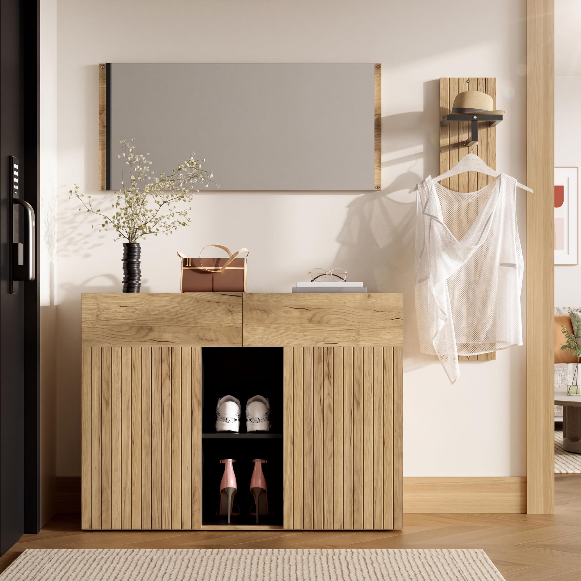 Set guardaroba con specchio, asta appendiabiti e scarpiera, combinazione corridoio con 2 cassetti, scomparti aperti, per ingresso e ingresso, effetto legno/nero, 125 x 35 x 178 cm, nero +