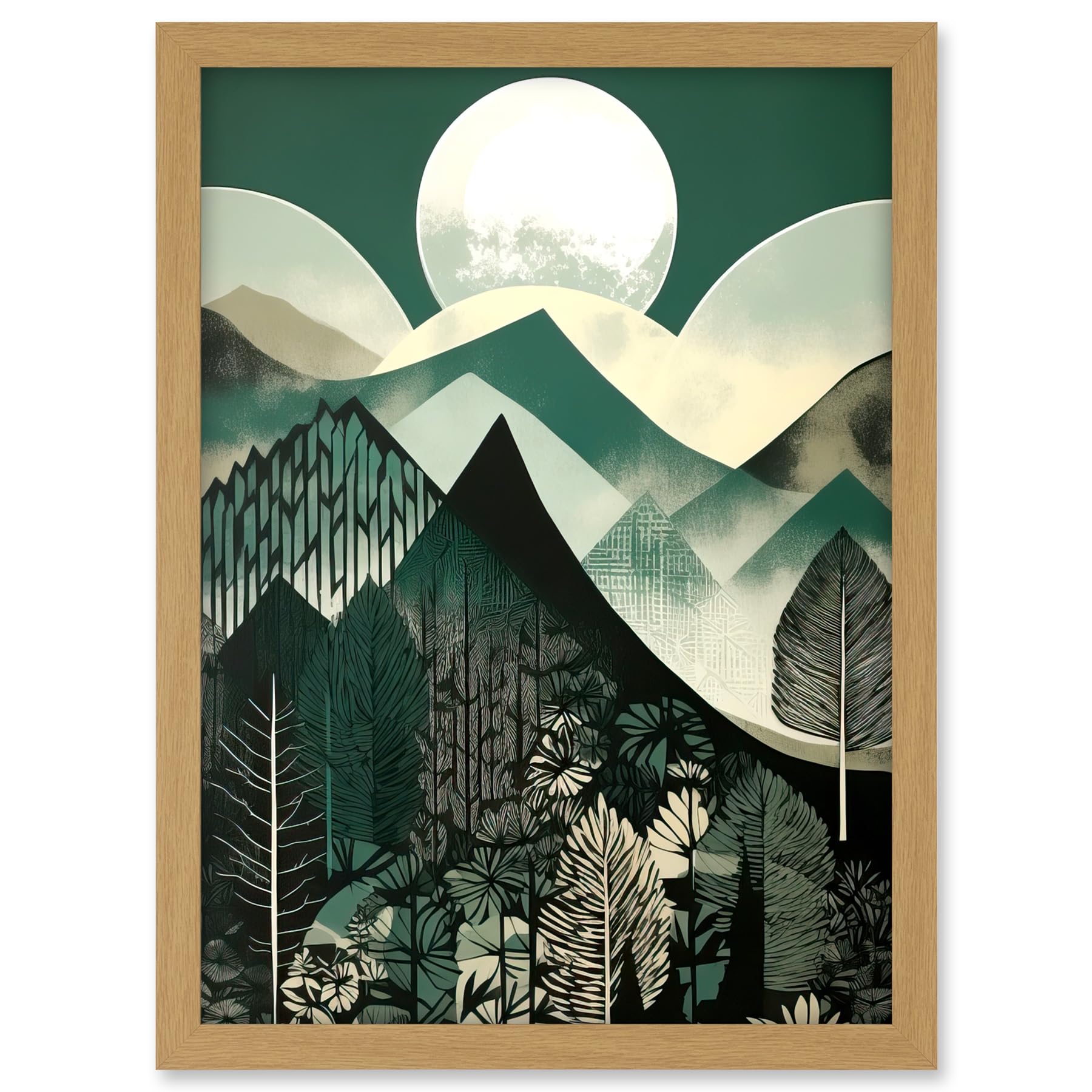 Artery8 Full Moon Over Mountain Forest Linocut Mid Century Sage Green Moonlit Landscape Artwork Framed A3 Wall Art Print
