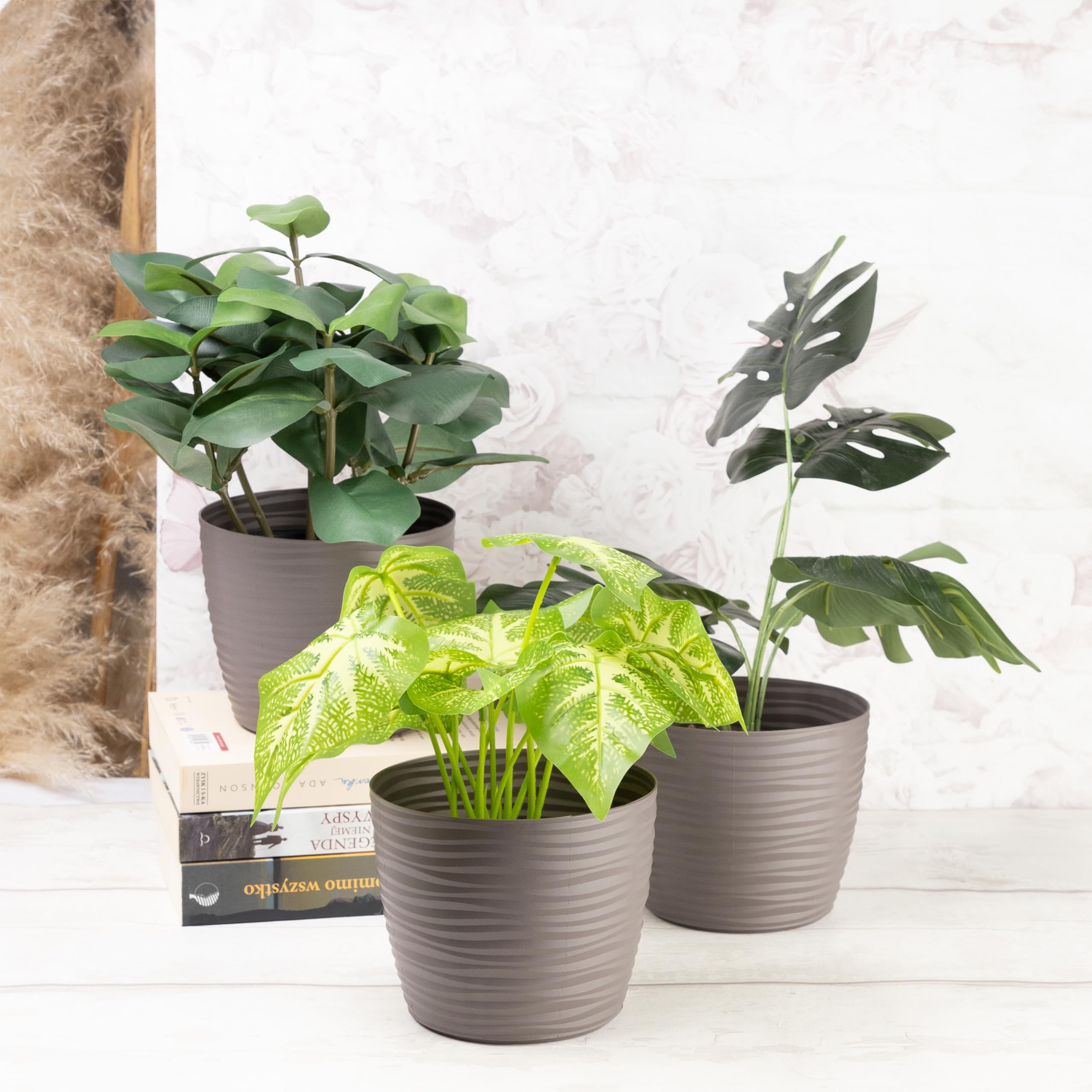 Home Garden Ornaments Plant Pots Indoor, Set of 3 Plastic Flower Pots, Unique Wave Design, No Drainage Holes - Image 2