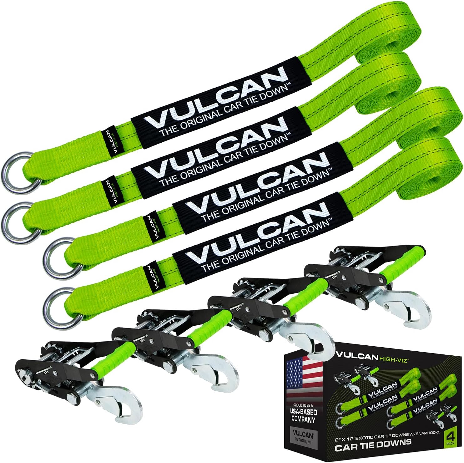 VULCAN Car Rim Tie Downs with Ratchets - 2 Inch x 144 Inch - 4 Pack - High-Viz - 3,300 Pound Safe Working Load