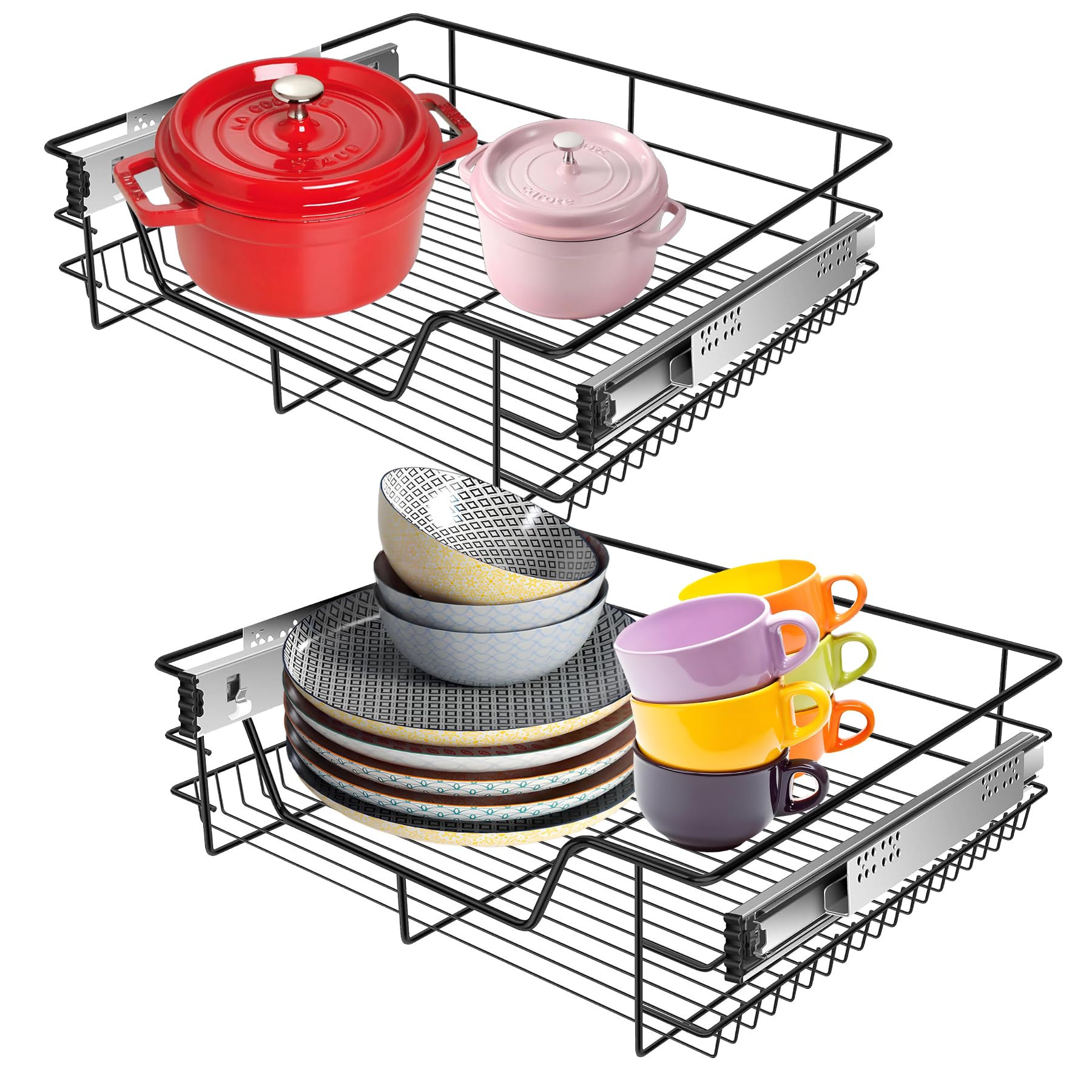 Cajón telescópico de 2 x 60 cm, para armario de cocina, con sistema de rieles para armario de cocina, estante de cocina, color negro