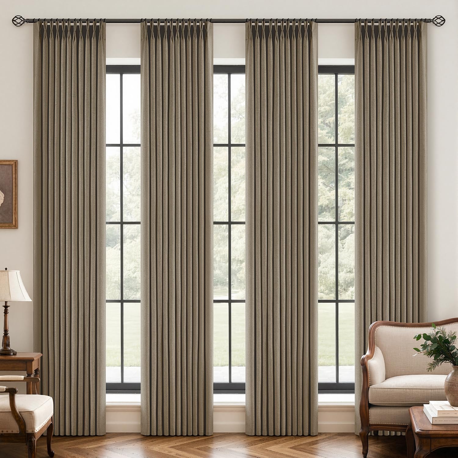 MIULEE 4 Panels Pinch Pleated 100% Blackout Linen Curtains 40"x84" Brown
