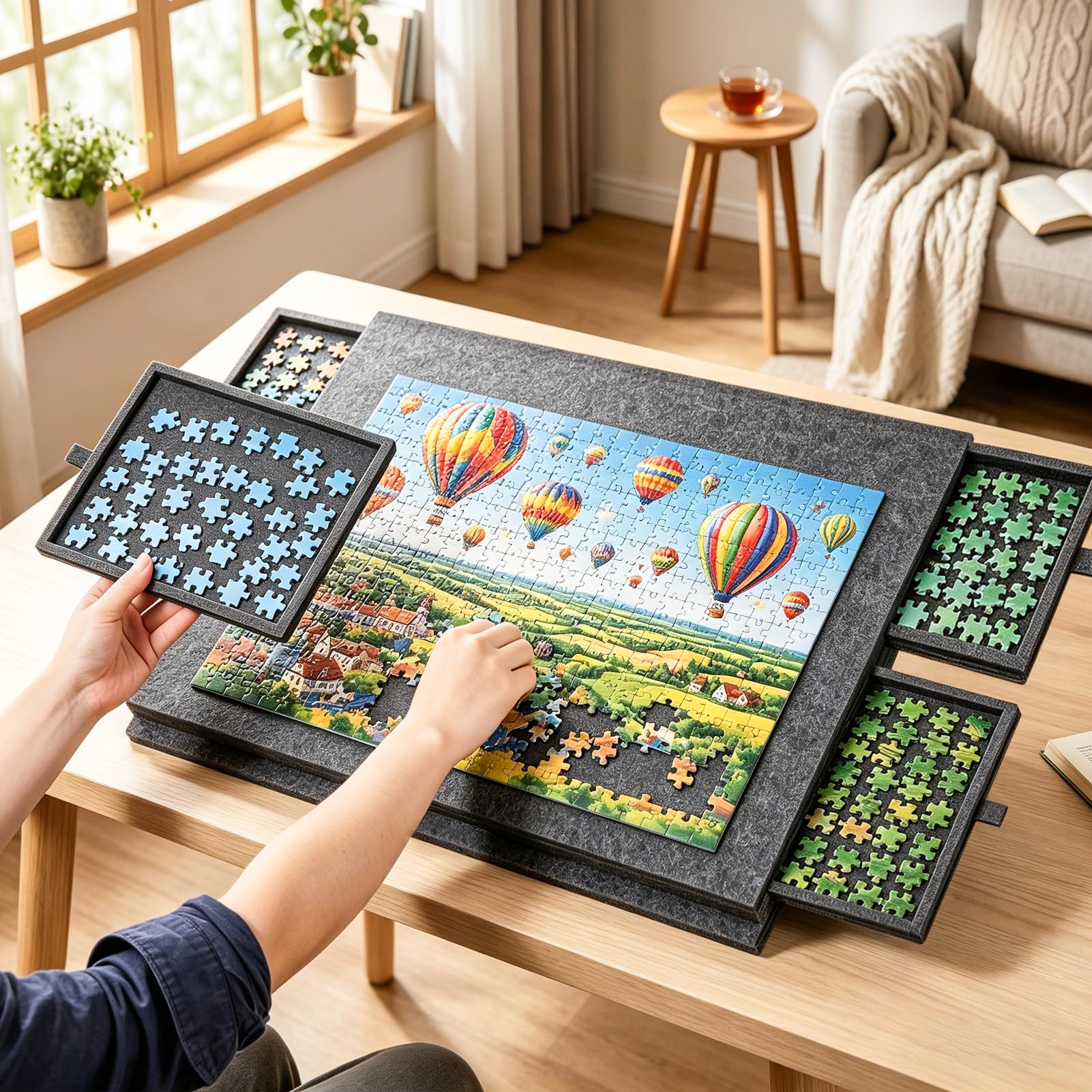 Planche de puzzle 77 x 53,6 cm, table de puzzle 2 en 1 avec 6 tiroirs et support, tapis de puzzle en feutre pour jusqu'à 1000 pièces, planche de puzzle portable pour adultes et enfants, gris