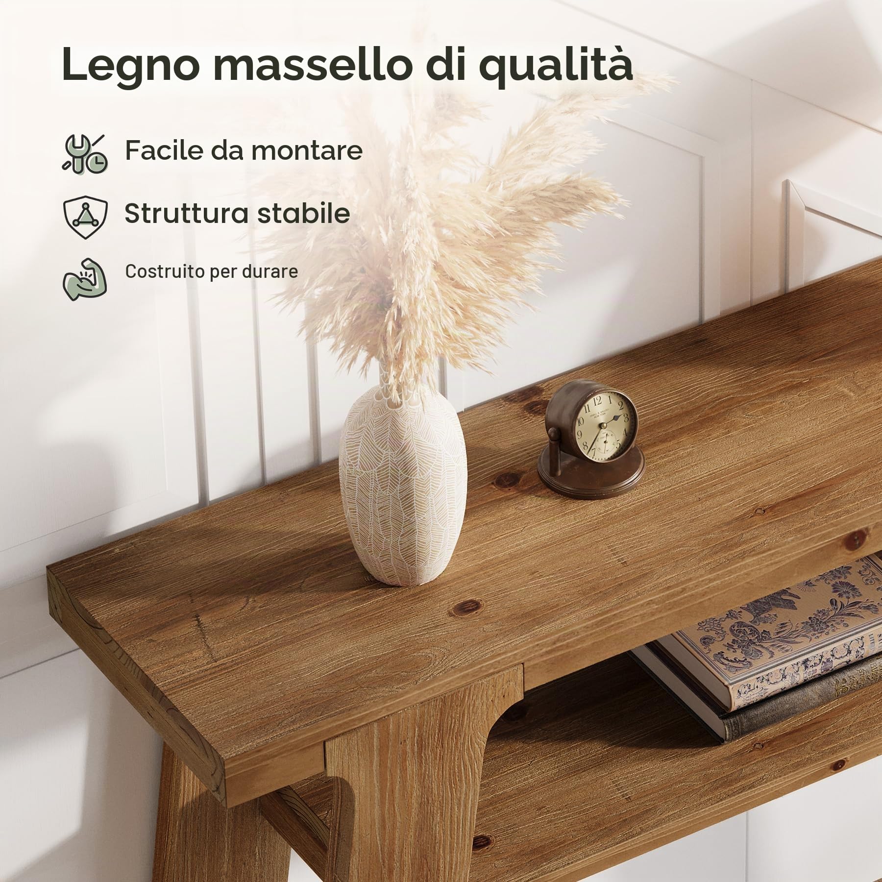 Table Console en Bois Massif, 120 x 30 x 80 cm, Console étroite de Style Champêtre avec 2 étagères, pour un Couloir, Derrière un Canapé, Dans un Salon ou une Entrée, Montage Facile