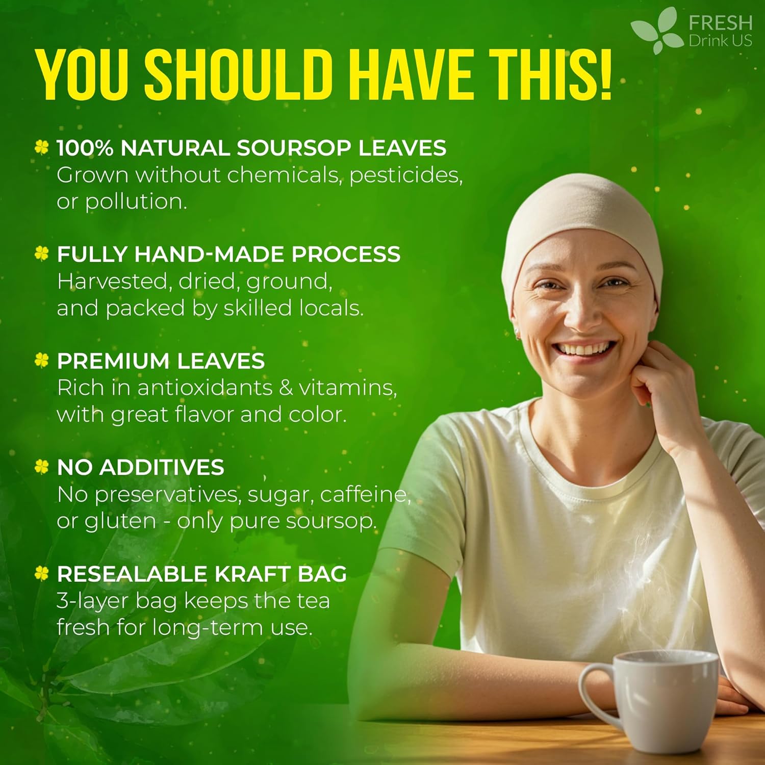 FreshDrinkUS, 120+ Premium Soursop Graviola Dried Leaves Tea, 40 Cups, 120-130 Natural Leaves, Whole Leaves, Wildcrafted, Graviola, Hoja Guanabana, Soursop Loose Leaf Herbal Tea, No Gluten, Vegan - Image 3