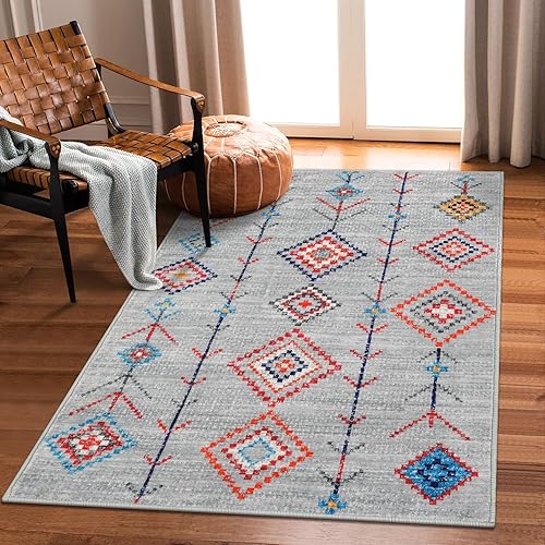 Seavish Alfombra pequeña lavable de 3 x 5 pies, color gris claro, vintage, con diamantes, alfombra de pelo bajo, alfombra antideslizante y ligera