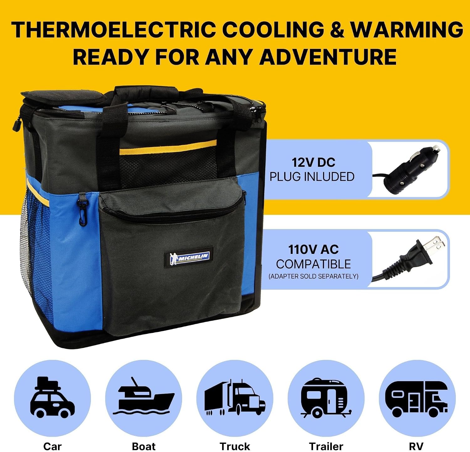 Michelin Electric Portable Cooler Plug in 12V Car Cooler/Warmer, 15 qt (14 L), Portable Car Fridge w/USB Charging Port,w/DC Power Cord, Shoulder Strap, Cord Storage, Travel Fishing Trucking Road Trip