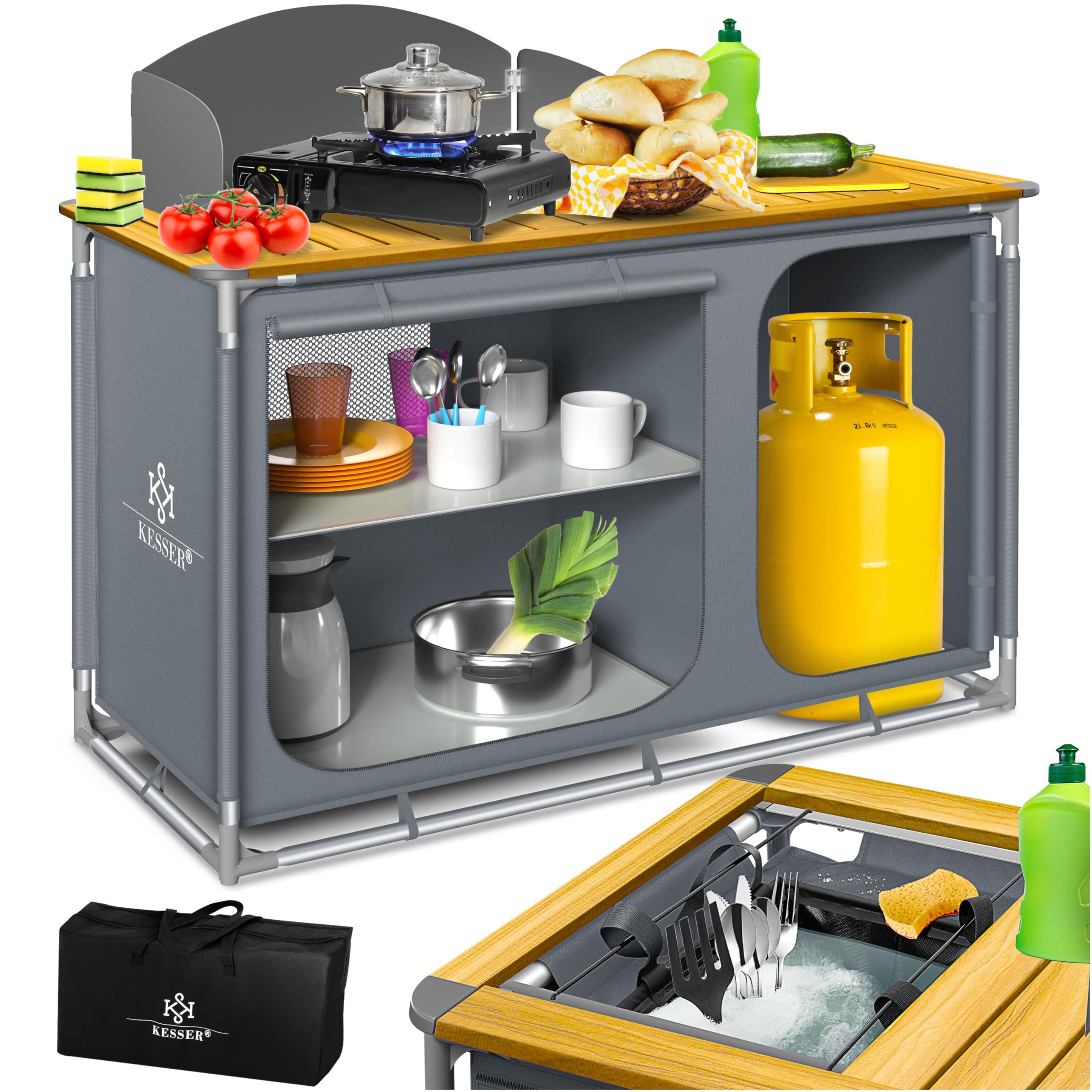 KESSER Cucina da campeggio pieghevole con borsa per il trasporto e set di bicchieri struttura in alluminio