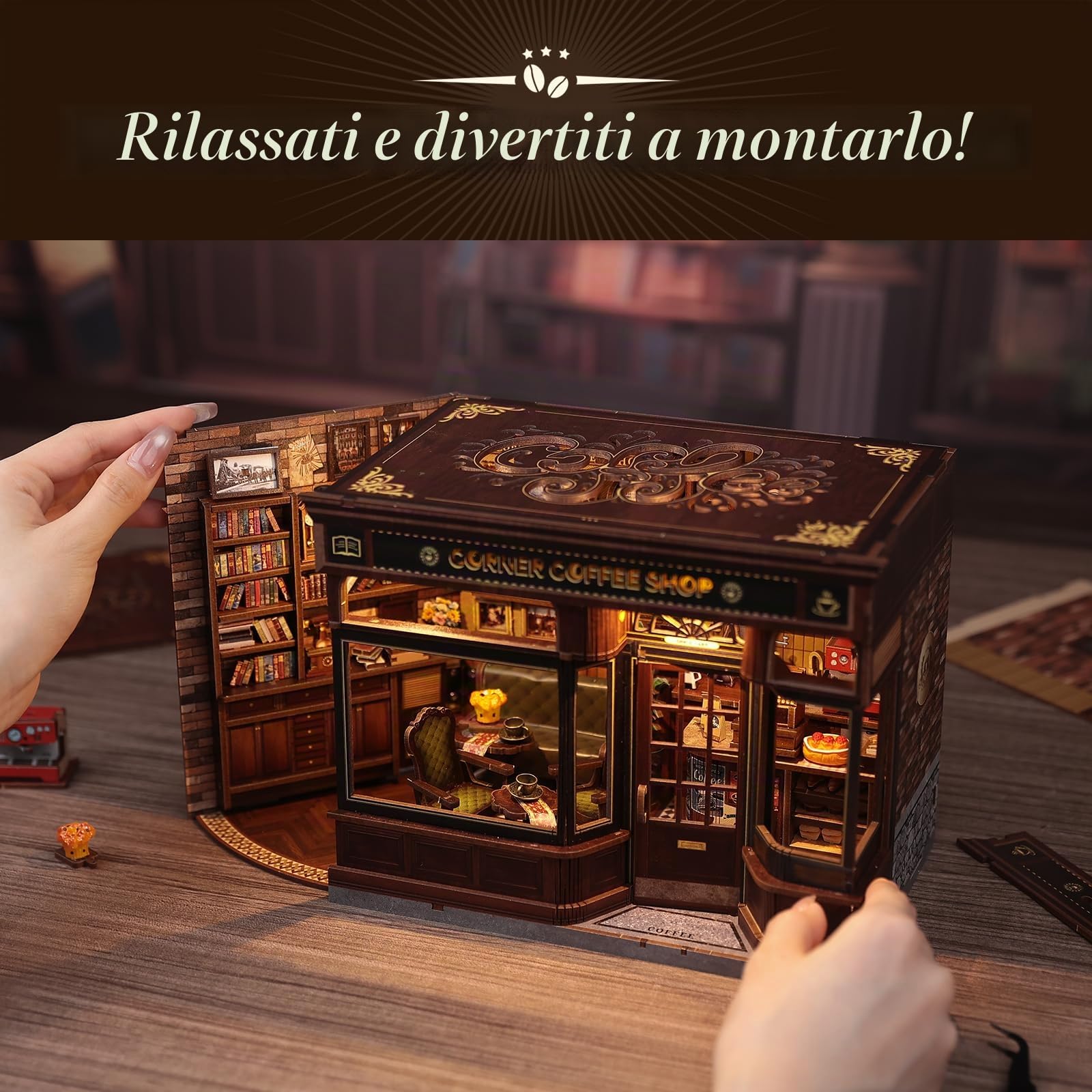 CUTEBEE Book Nook Kit: Casetta Miniatura DIY in Legno Luce LED, Puzzle 3D Caffetteria | Regalo Amanti Libri (Corner Coffee Shop)