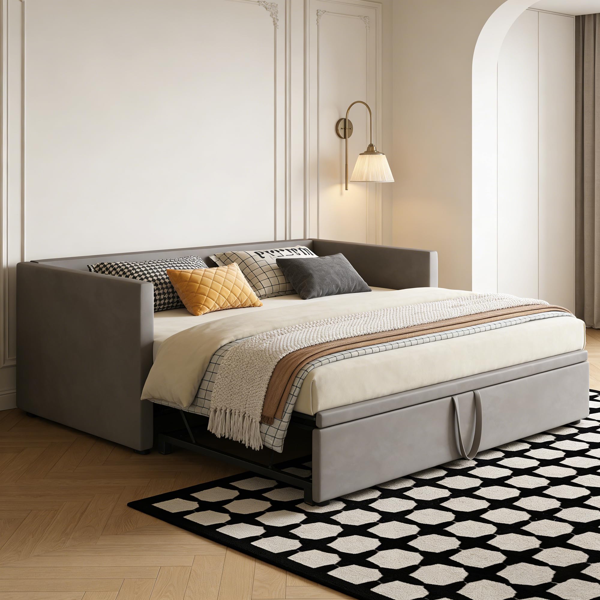 Slaapbank Slaapsofa 90/180x200 Cm - Uittrekbaar Logeerbed Fluweel Beige