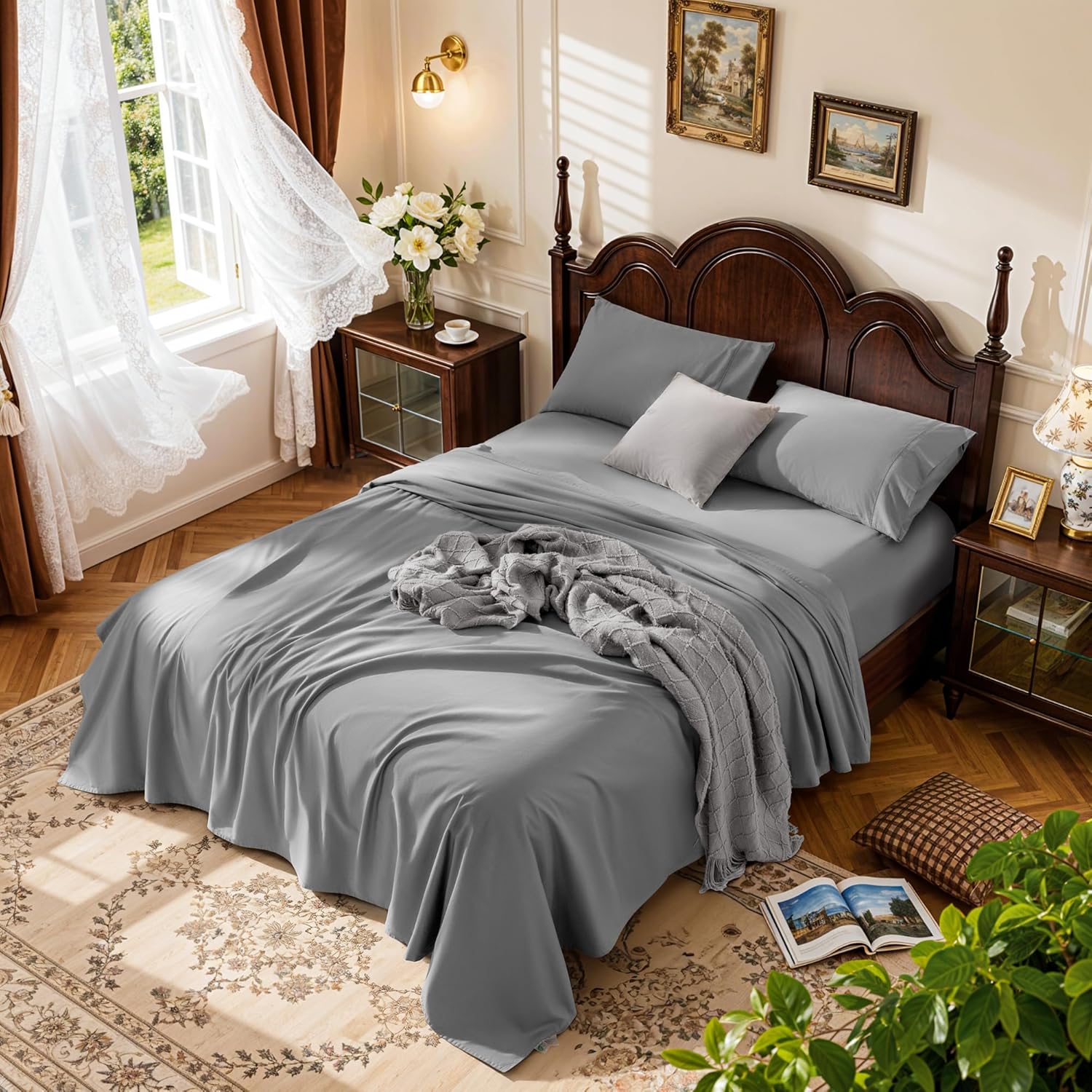 LBRO2M 100% Cotton Sheets Set Deep Pocket 19", 1000 Thread Count King Size 4 Piece Bed Sheet Sets Soft Comfortable Bedding All Season (King, Gray)