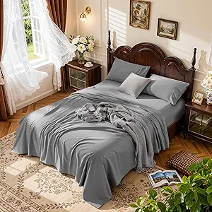 LBRO2M 1000 Thread Count Egyptian Cotton King Sheet Set, 4 Pieces, Deep Pocket, All Season, Breathable, Sateen Weave, Grey