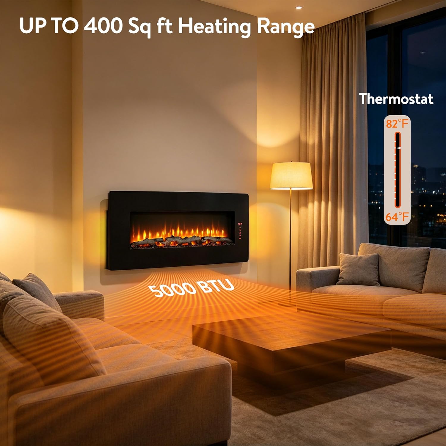 48" Curved Glass Electric Fireplace, Wall Fireplace Electric with Remote Control, 4 Adjustable Flame Colors, Wall Mounted/Freestanding, 1400W Fireplace Heater, Backlight, 3 Media Bed, Timer