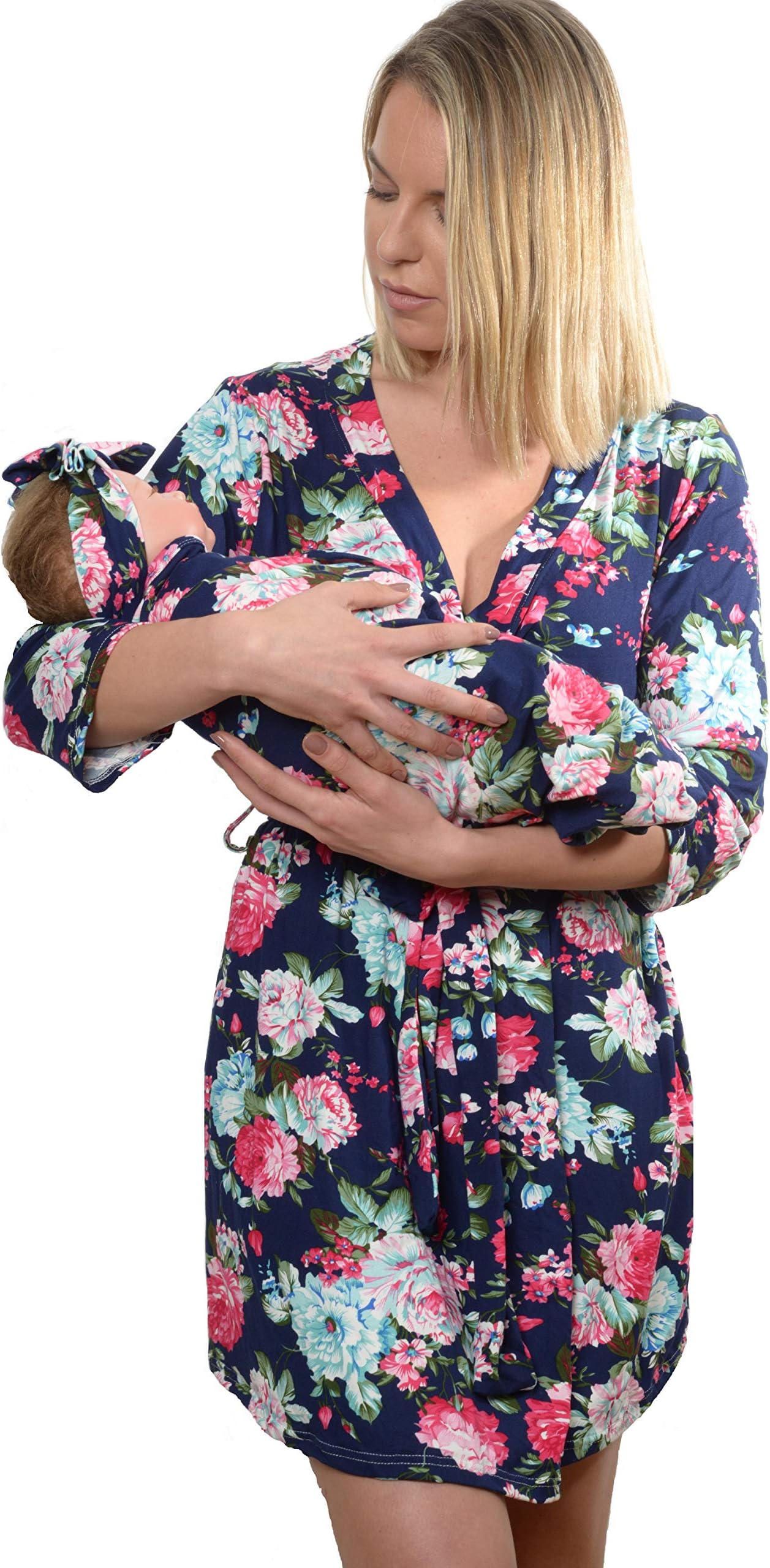 3PCS Maternity Nursing Robe and Matching Baby Swaddle Blanket with Headband Set, Delivery Nursing Dress and Receiving Blanket, Hospital Bag Must Have, Mommy and Baby