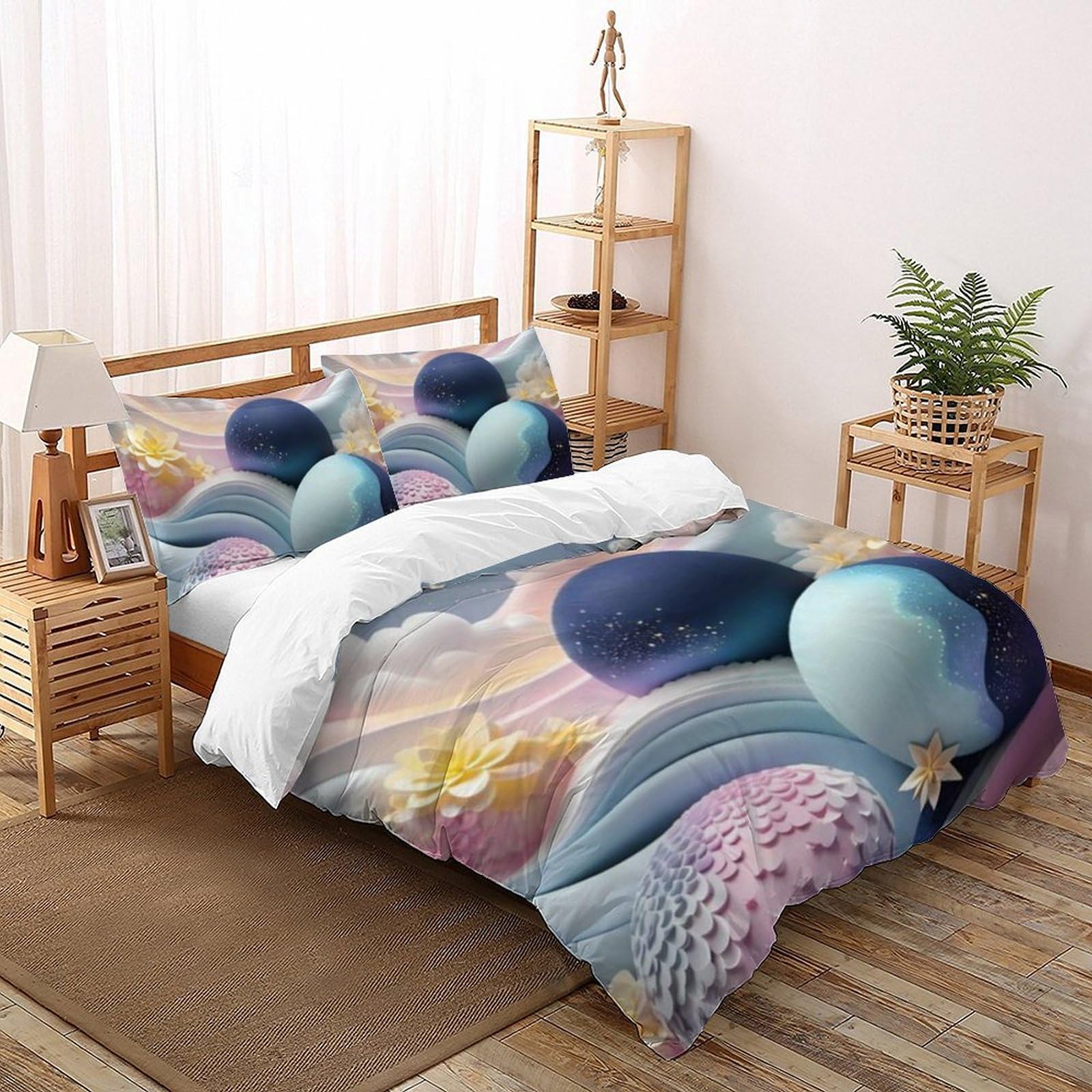 Housse de couette double fleurs sphériques en microfibre 200x200 cm avec 2 taies d'oreiller