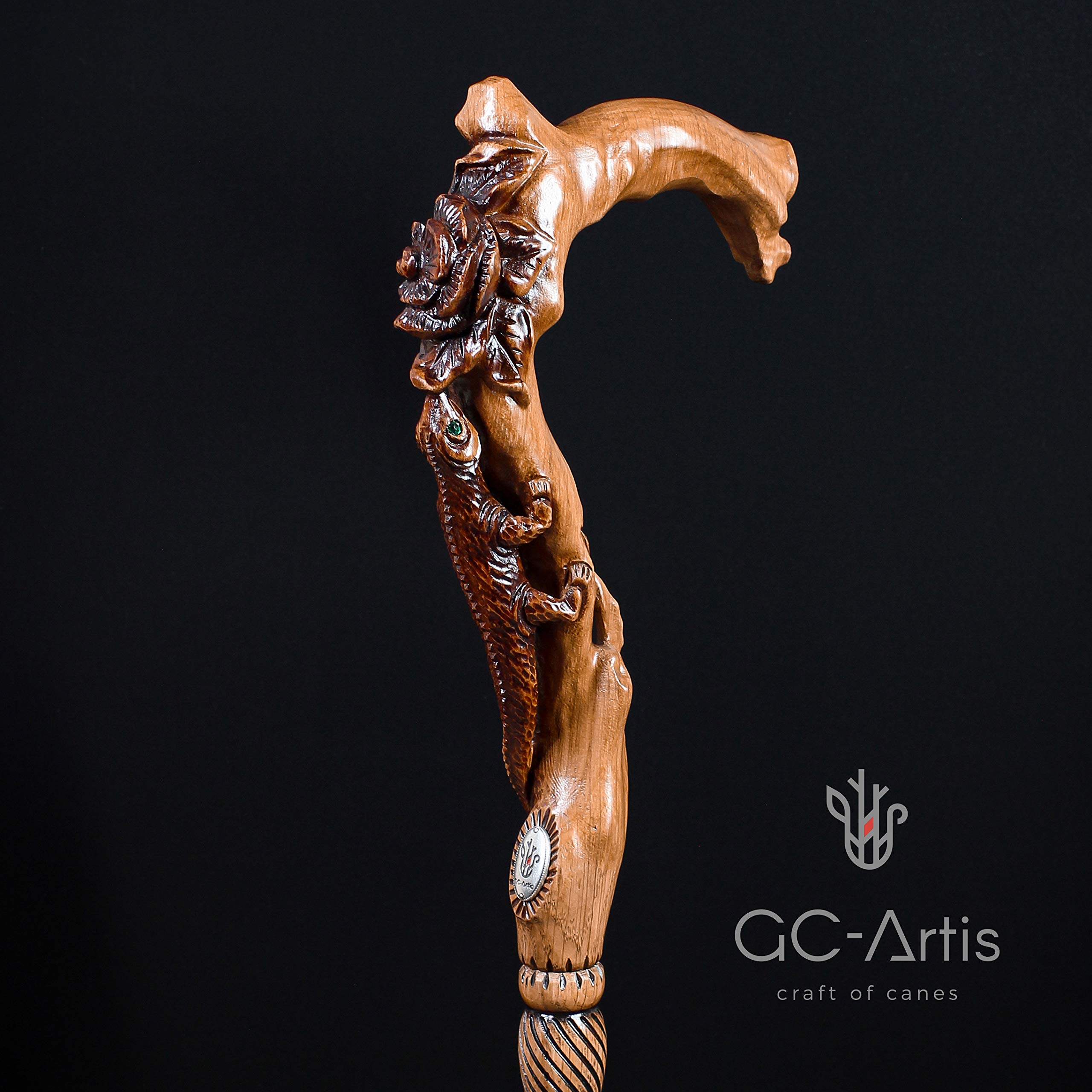Elegant Light Wooden Walking Stick Cane for Women Ladies Carved Flowers & Lizard Comfortable Handle Fashionable Designer Brown product thumbnail 5