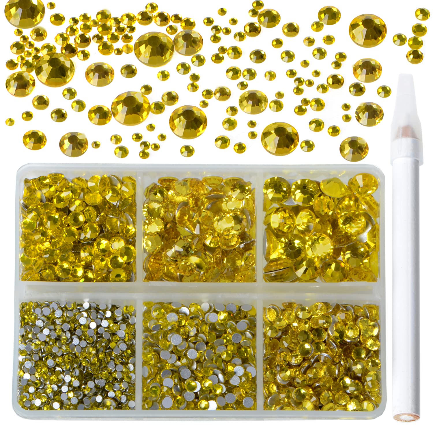 Bymitel 5000 Pieces 6 Mixed Sizes Glue Fix on Glass Rhinestones Round Crystal Gems Flatback for DIY Jewelry Making with one Picking Pen (6-Sizes 5000PCS, Citrine)