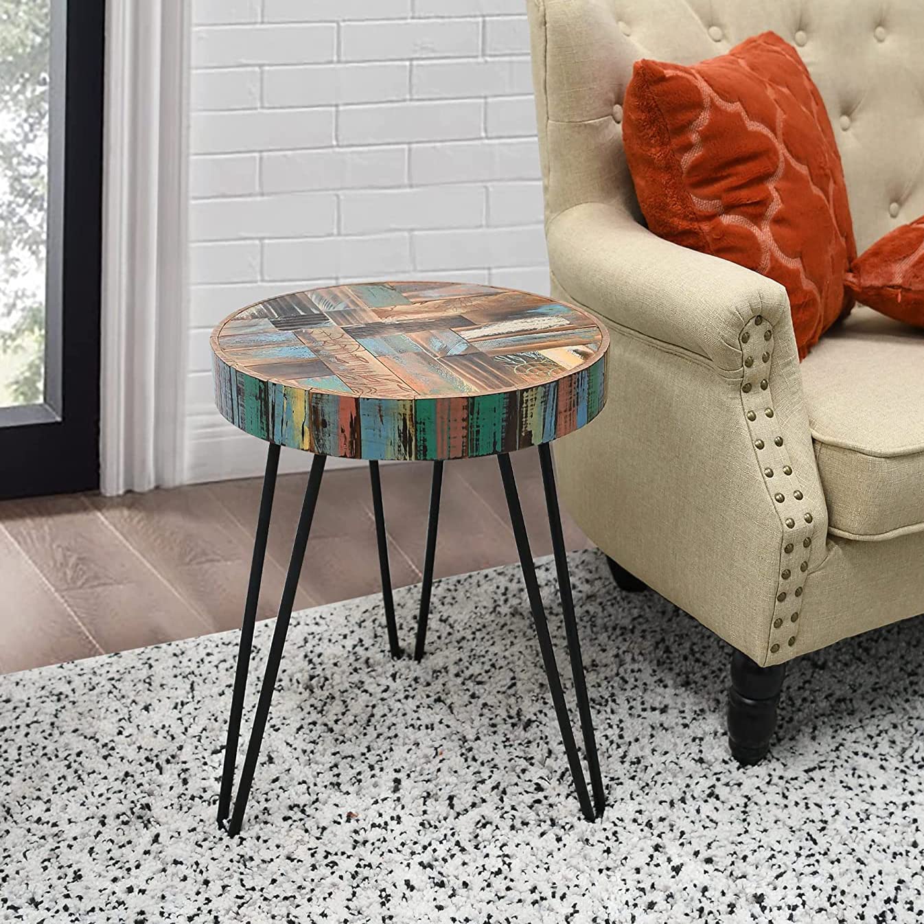 Greenage Round Wood End Table Carve Patterns Reclaimed Wooden Side Tables for Living Room Bedroom Small Spaces Patio Sofa 15.5" x 15.5" x 21" Coffee Table Outdoor Unique Rustic Solid End Table