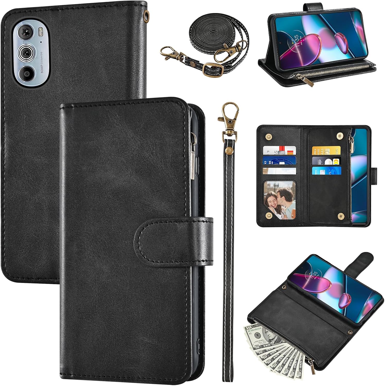 Wallet Case for Motorola Edge+ Plus 2022/Edge X30/30 Pro with Wrist Strap and Shoulder Strap PU Leather Flip Stylish 6 Card Holder Stand Cell Accessories Phone Cover for Moto Edge + 5G UW Black