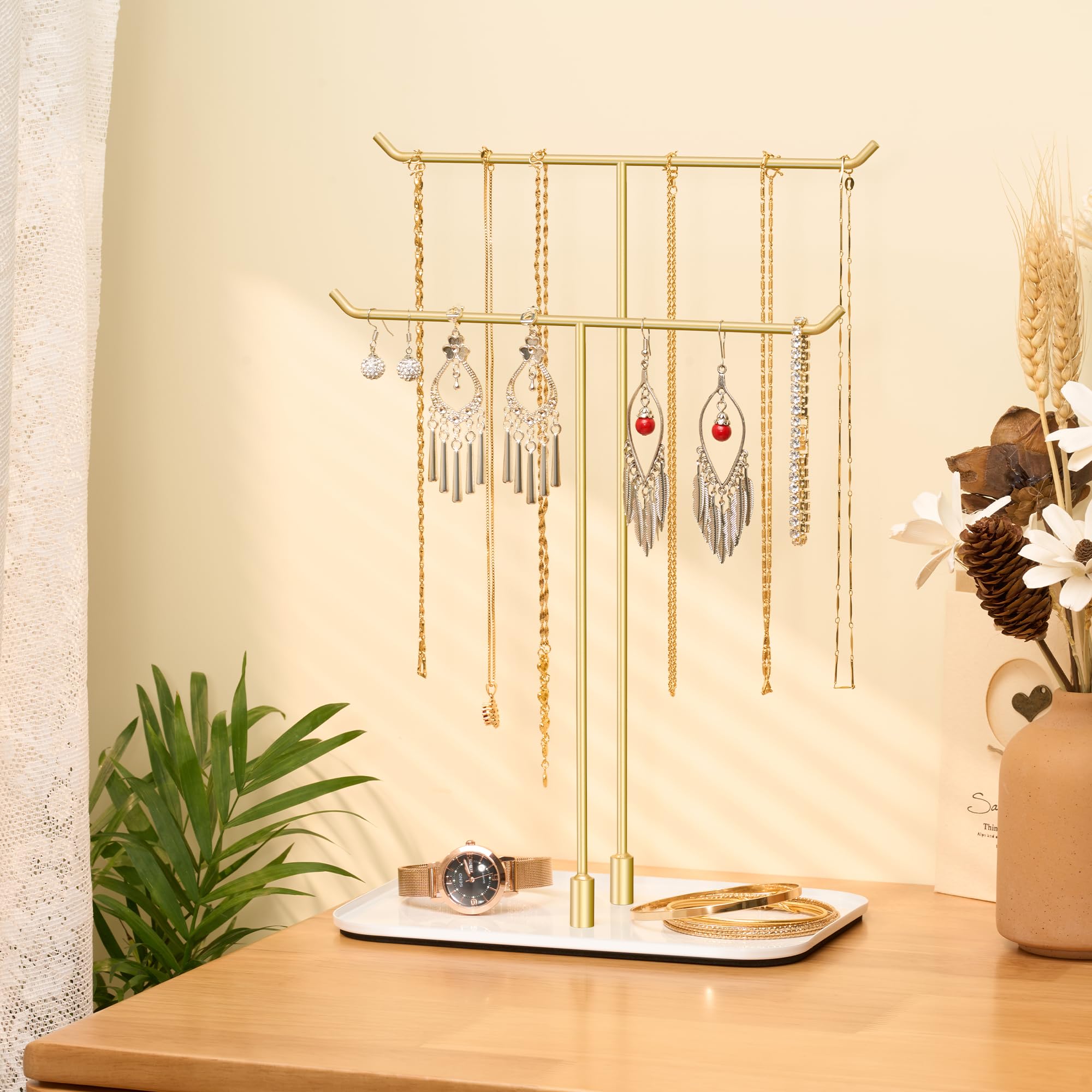 Josmimic Soporte para joyas, bandeja para joyas, organizador de joyas para collares, pulseras, pendientes, anillos, idea de regalo, dorado