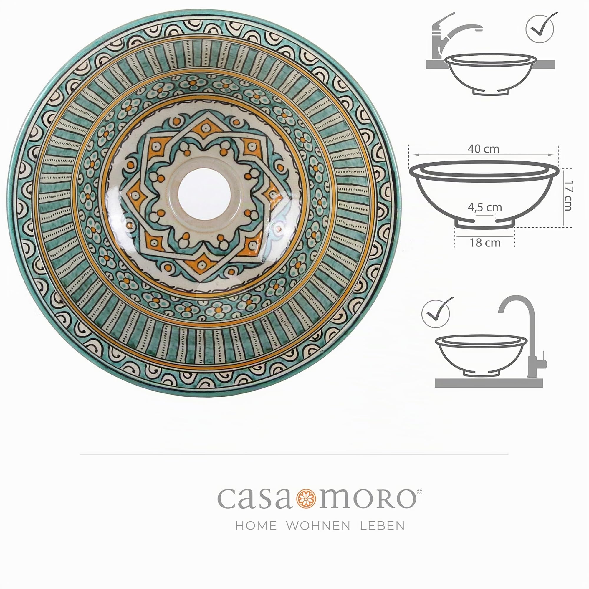 Casa Moro Lavabo de cerámica para baño y aseo de invitados, lavabo empotrable sin orificio para grifo y sin rebosadero/bufanda redonda