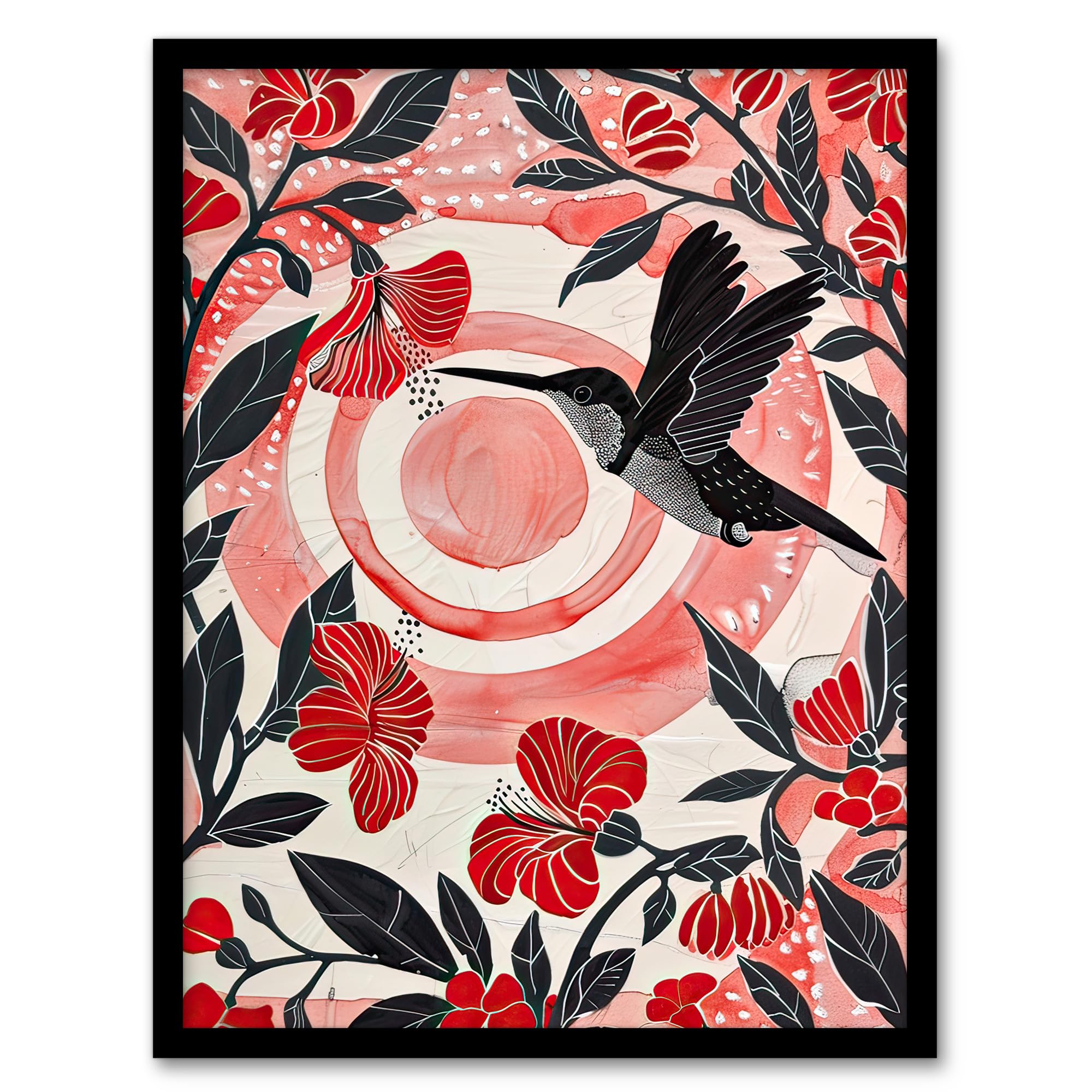 Artery8 Hibiscus Flowers Hummingbird Red Black Sunset Sun Living Room Artwork Framed Wall Art Print 18X24 Inch