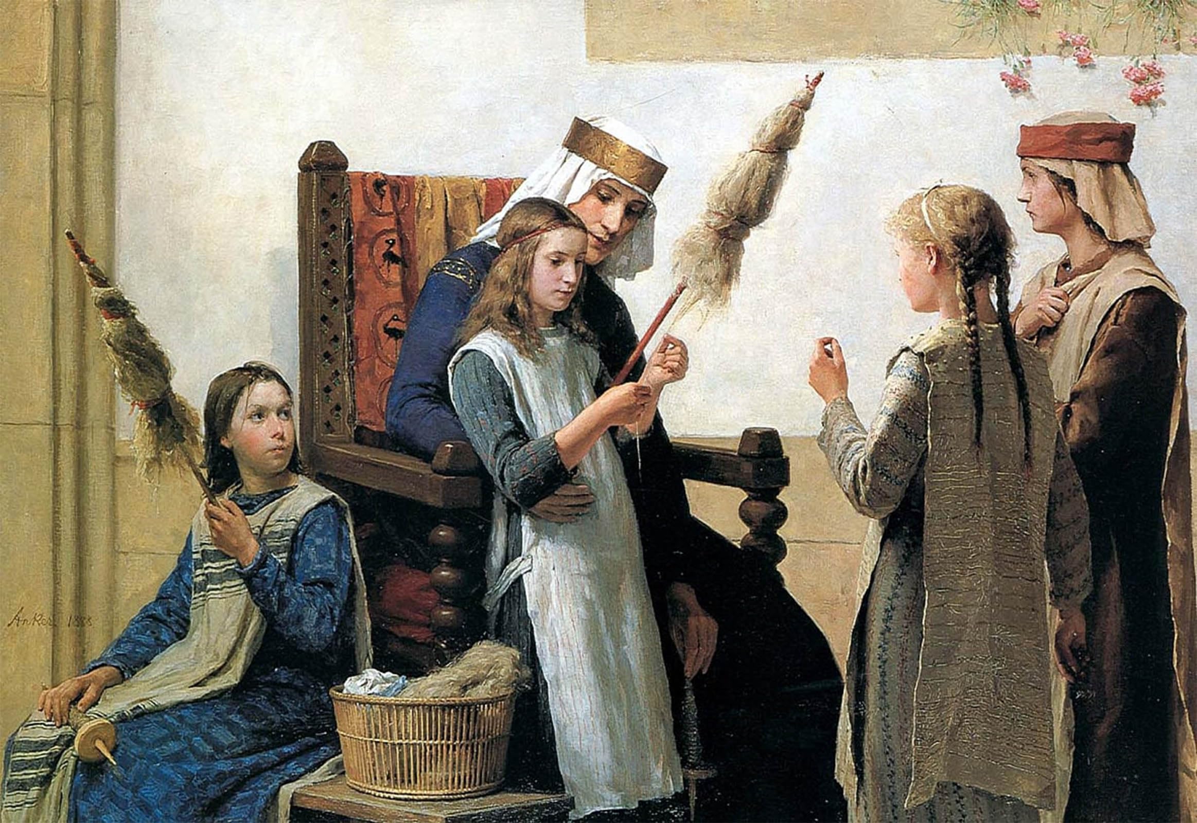 ARTXLXXBN Famous Art Print Poster Vintage Wall Art Queen Bertha and the Spinners by Albert Anker Canvas Art Poster for Home Decor 60x90cm