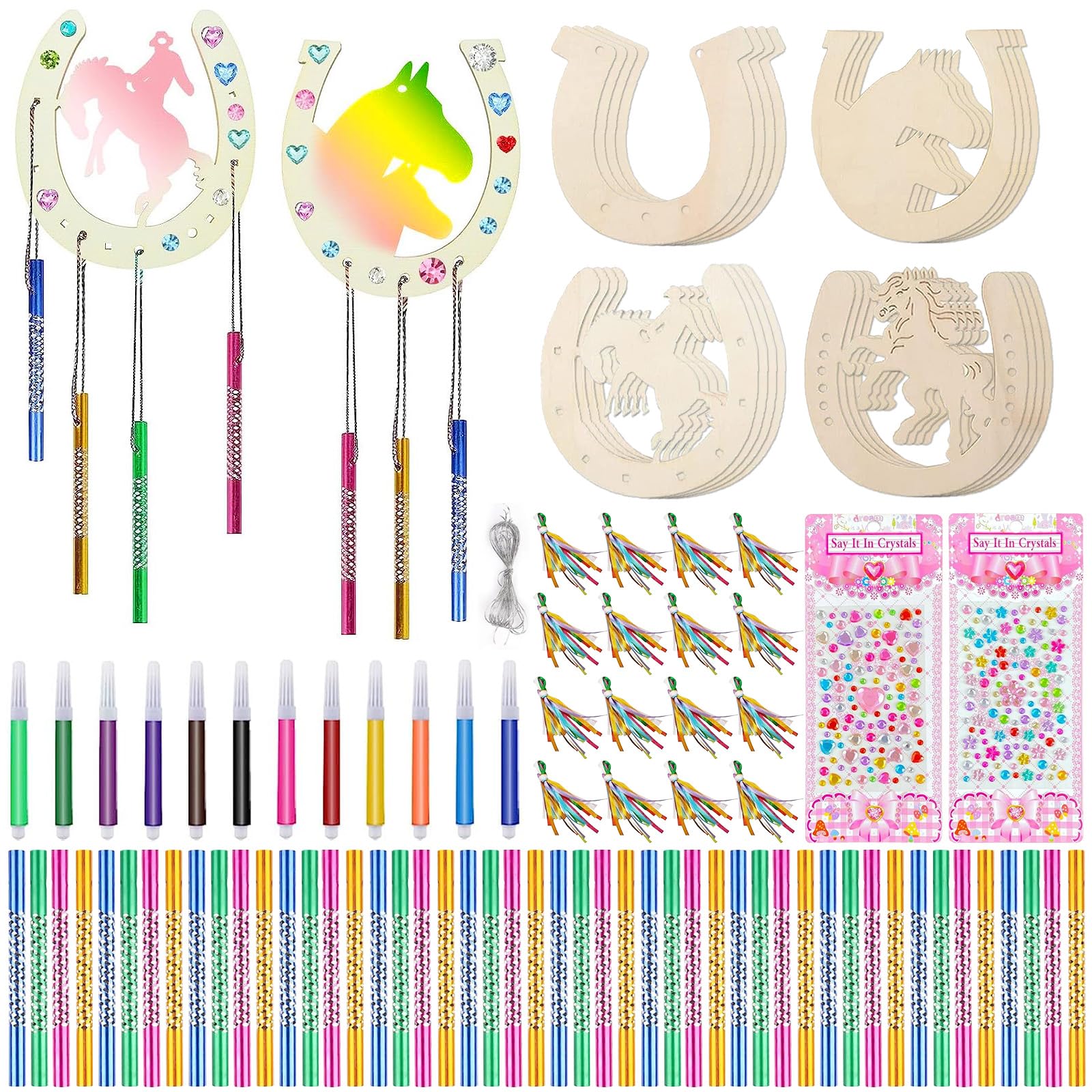 DAZZTIME Herradura de Madera,12 Piezas Herraduras de Madera Cumpleaños,Herradura Caballo Manualidades,con 12 Bolígrafos Acuarela,para DIY Adornos Fiestas Decoración de Bricolaje